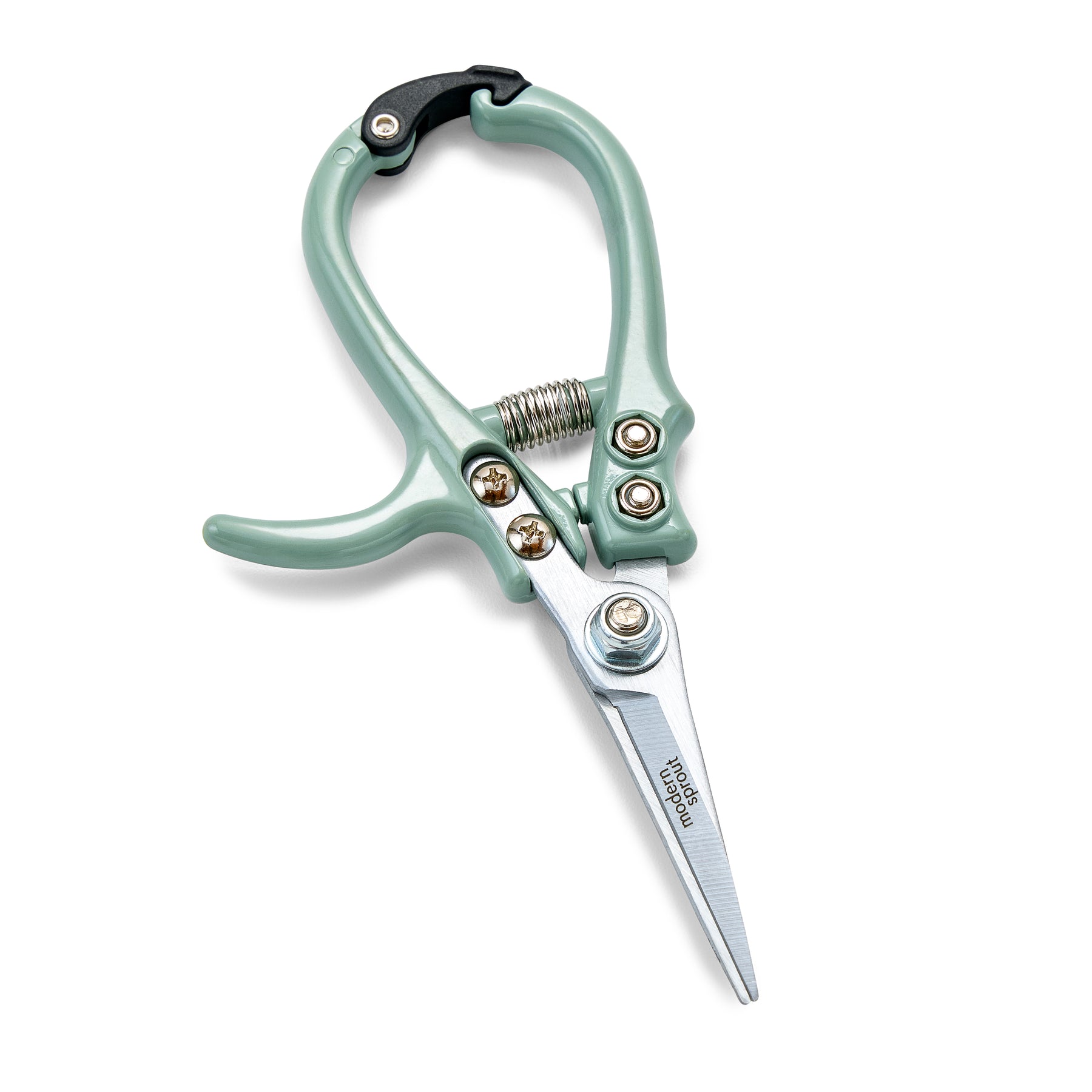 Ergonomic gardening shears with a mint green handle and stainless steel blades, designed for precise pruning.