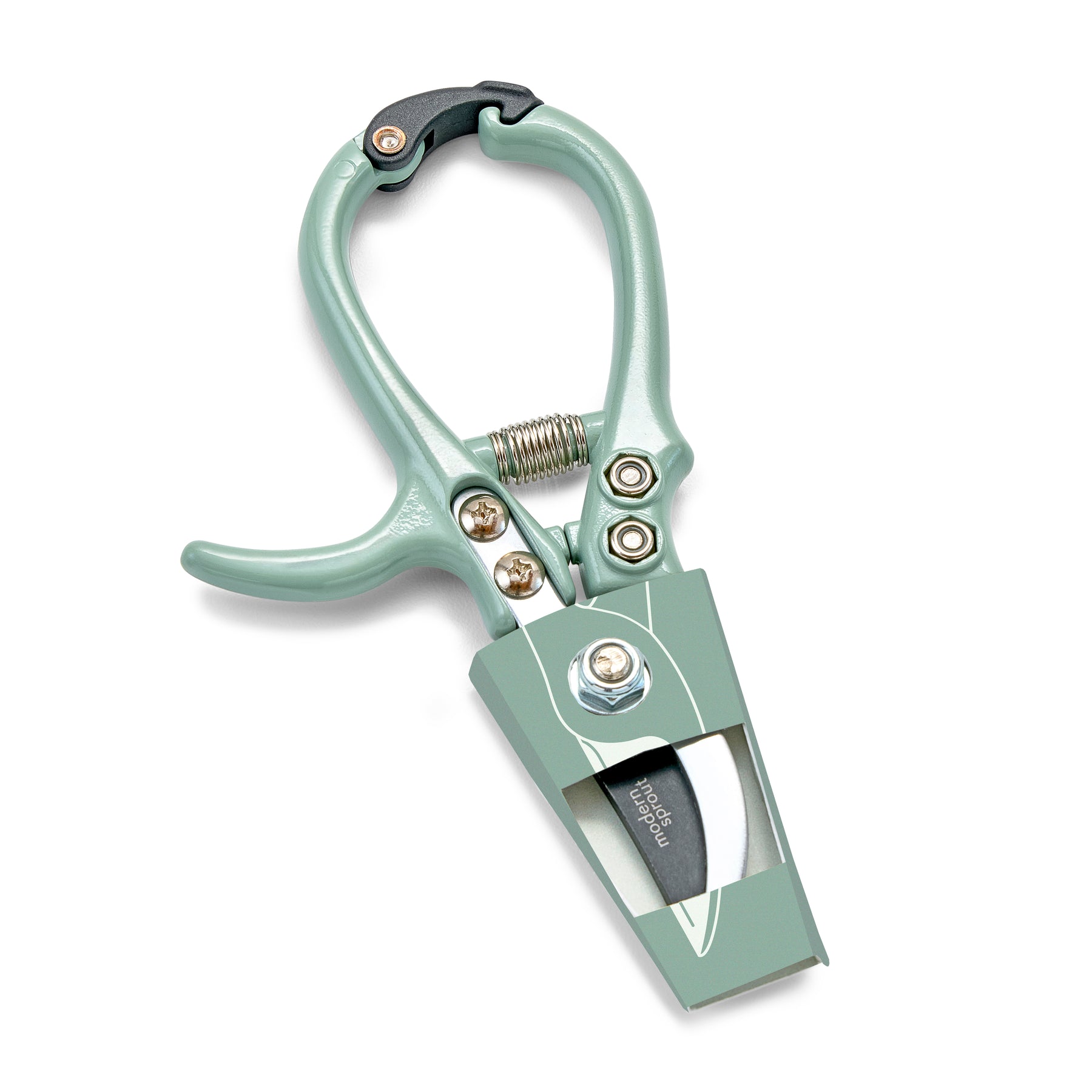 Mint green gardening shears with a curved blade and ergonomic handle, designed for precision pruning and trimming.