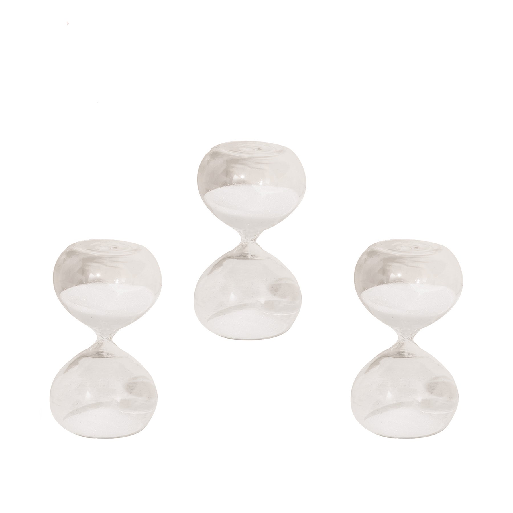 Three clear glass hourglasses with white sand, elegantly shaped in an hourglass design, arranged together.