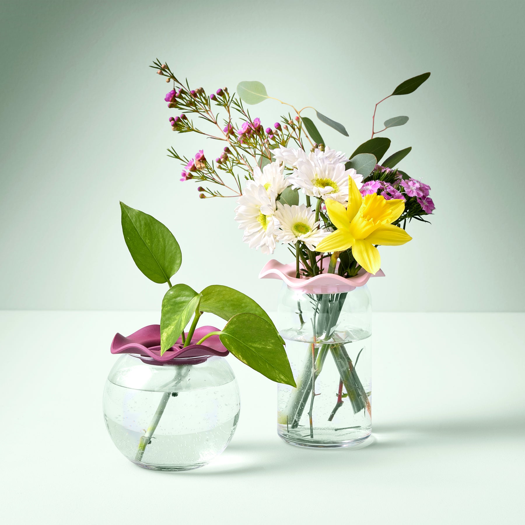 Two clear vases with colorful silicone floral keepers, each holding fresh flowers and greenery, against a light background.