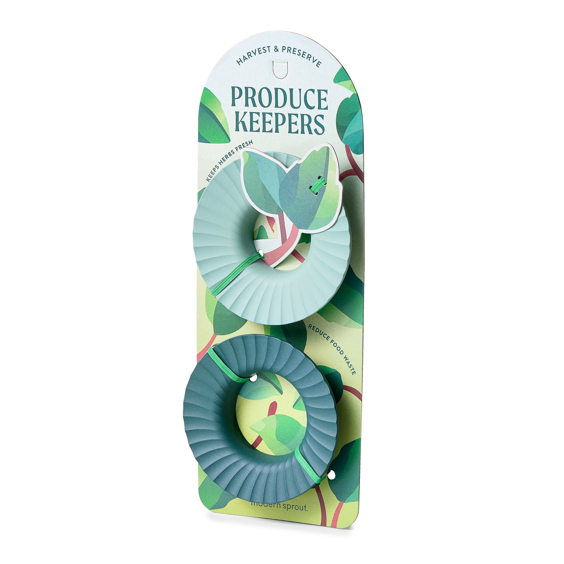 Two Produce Keepers in varying shades of green, designed to extend the freshness of fruits and vegetables, displayed on a card.
