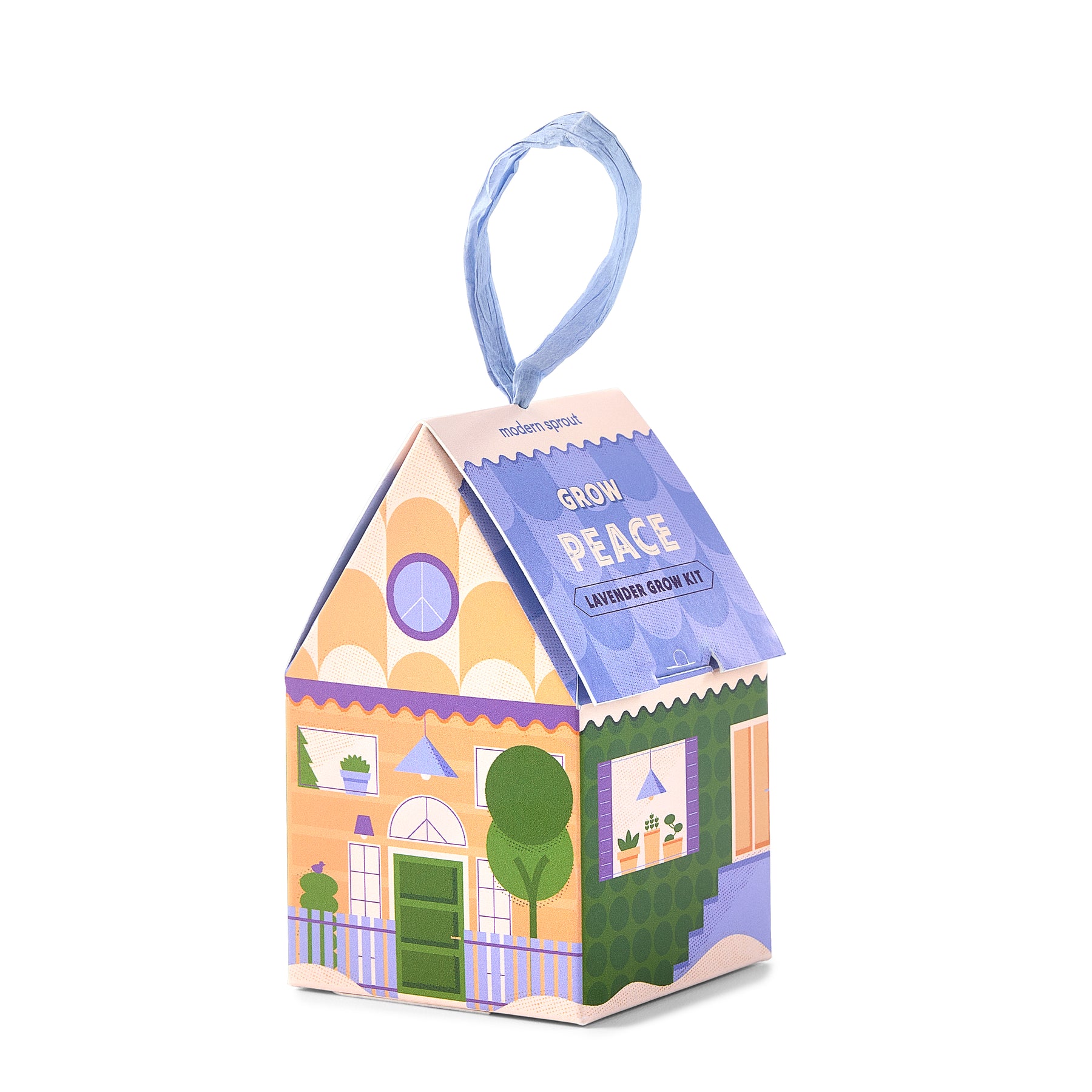 Colorful lavender grow kit shaped like a house, featuring a decorative design and a hanging ribbon for easy display.