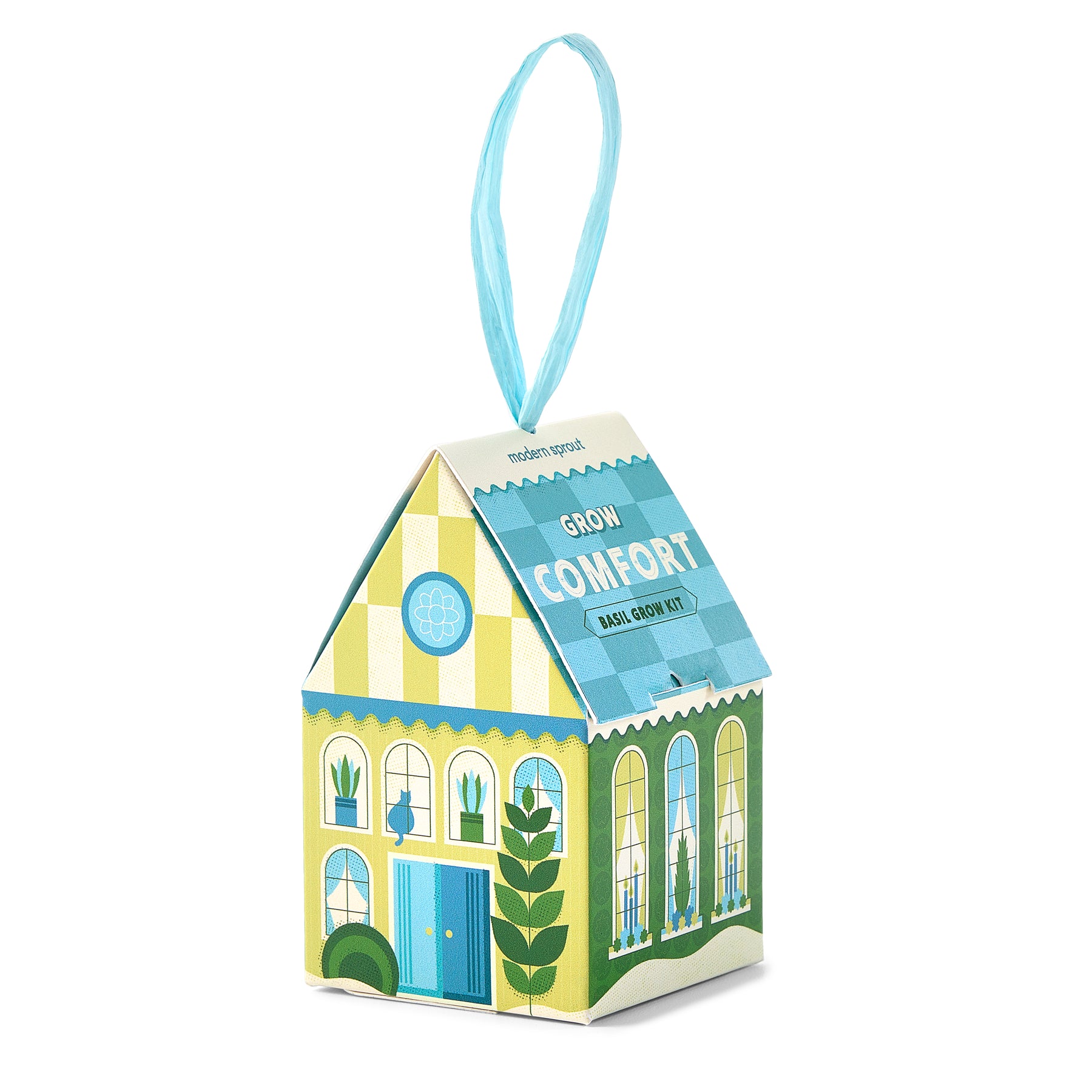 Colorful house-shaped packaging for the Home Grown Ornaments indoor plant kit, featuring a cheerful design and hanging ribbon.