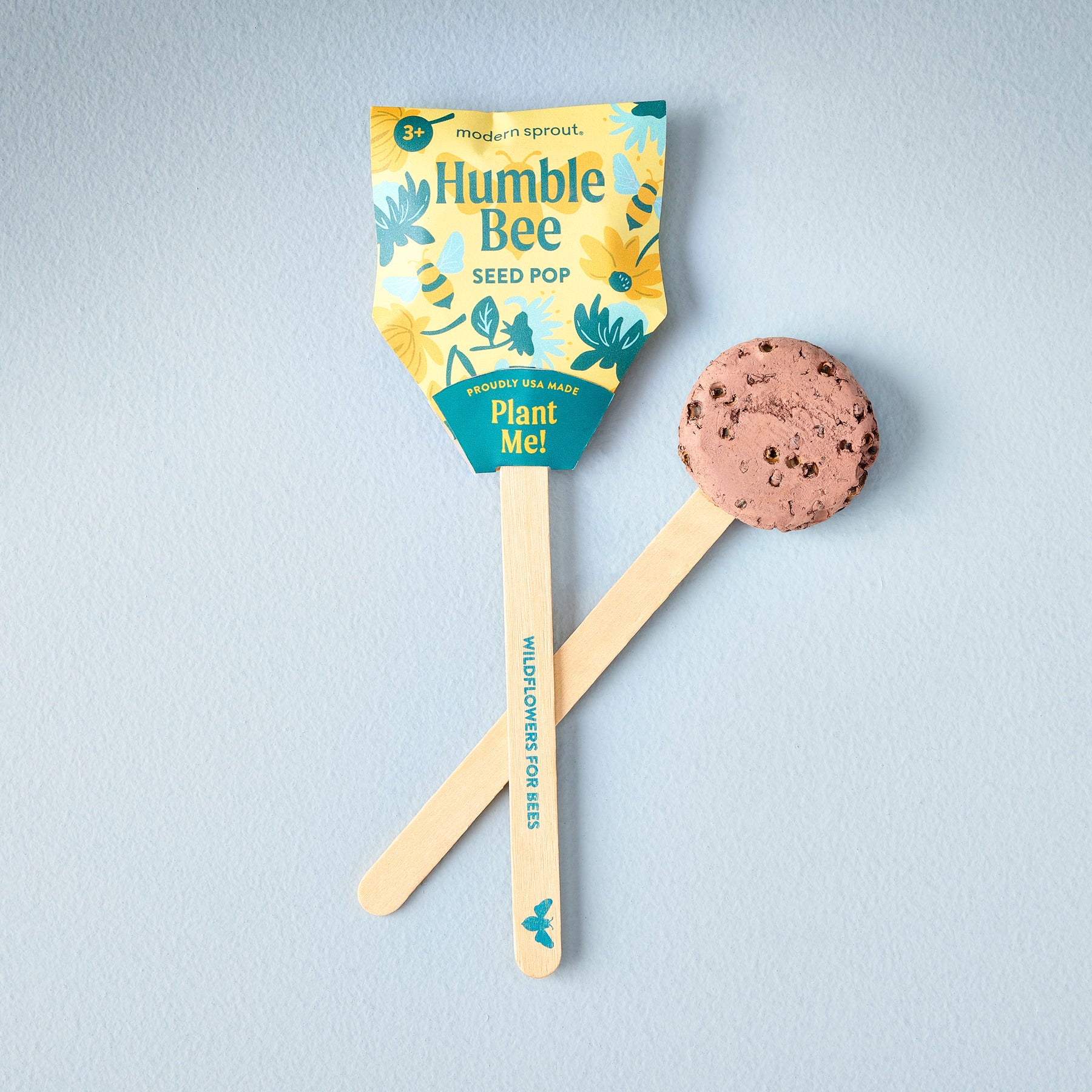 Seed Pops - Pollinator featuring a round seed ball on a wooden stick, labeled "Humble Bee," designed for planting.