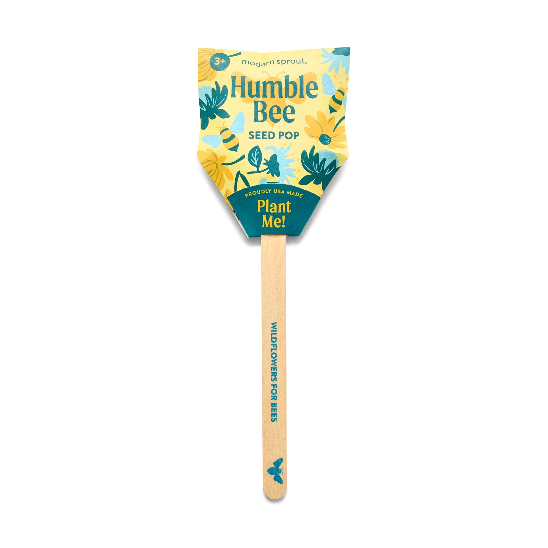 Seed Pops Pollinator featuring a colorful label with floral designs, promoting wildflowers for bees and easy planting.