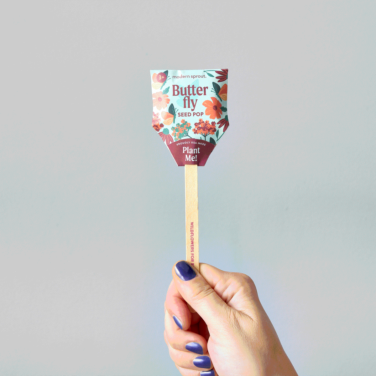 Hand holding a Seed Pop labeled "Butterfly" from Modern Sprout, featuring floral designs and planting instructions.