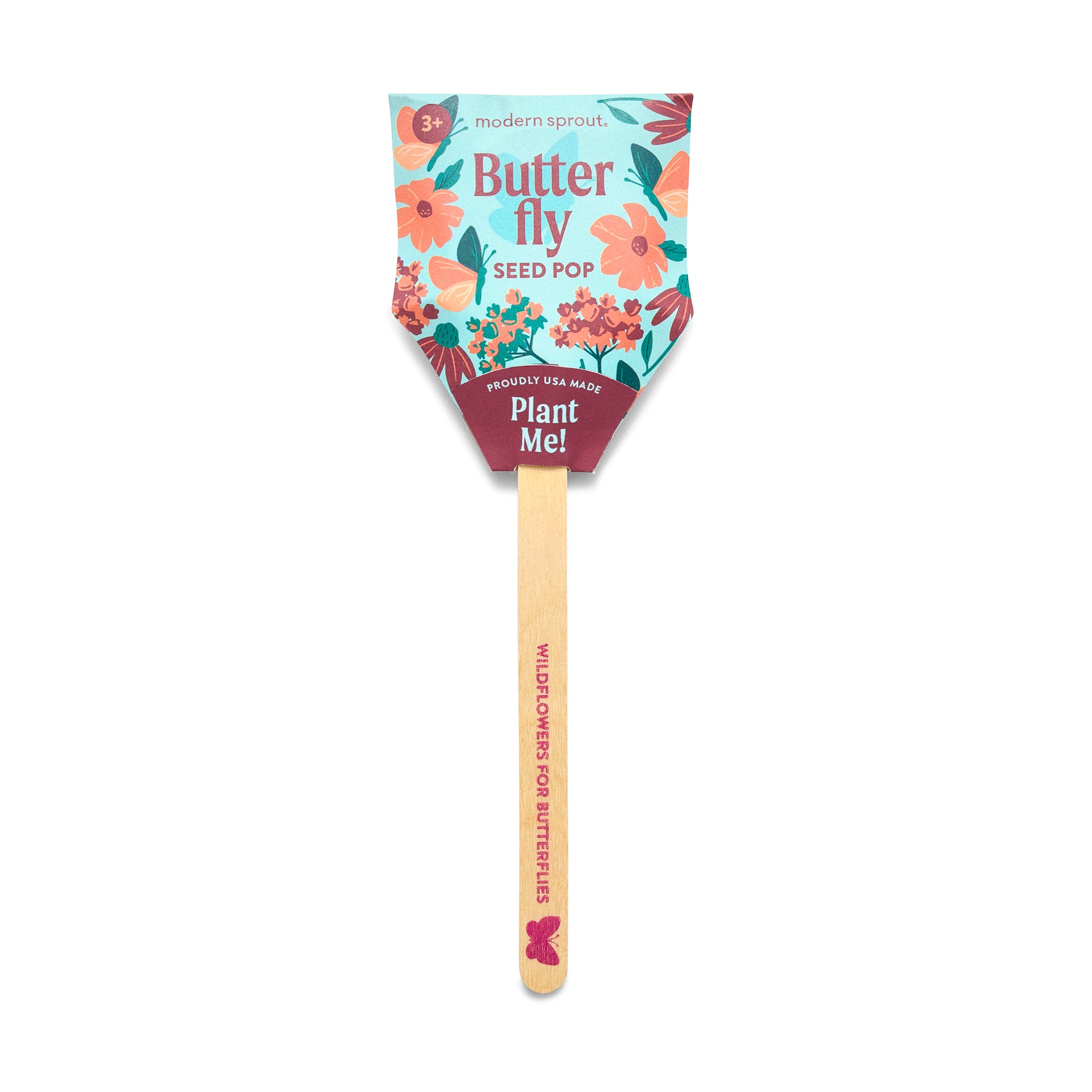 Colorful seed pop with floral design, labeled "Butterfly Seed Pop," promoting wildflowers for butterflies.