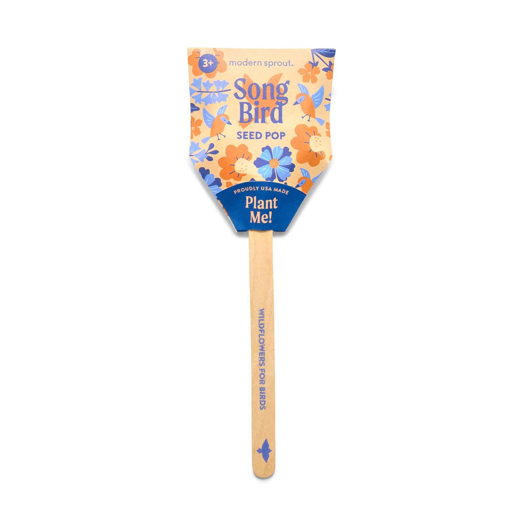 Seed Pops Pollinator features a colorful packaging design with wildflower illustrations and a wooden stick for planting.