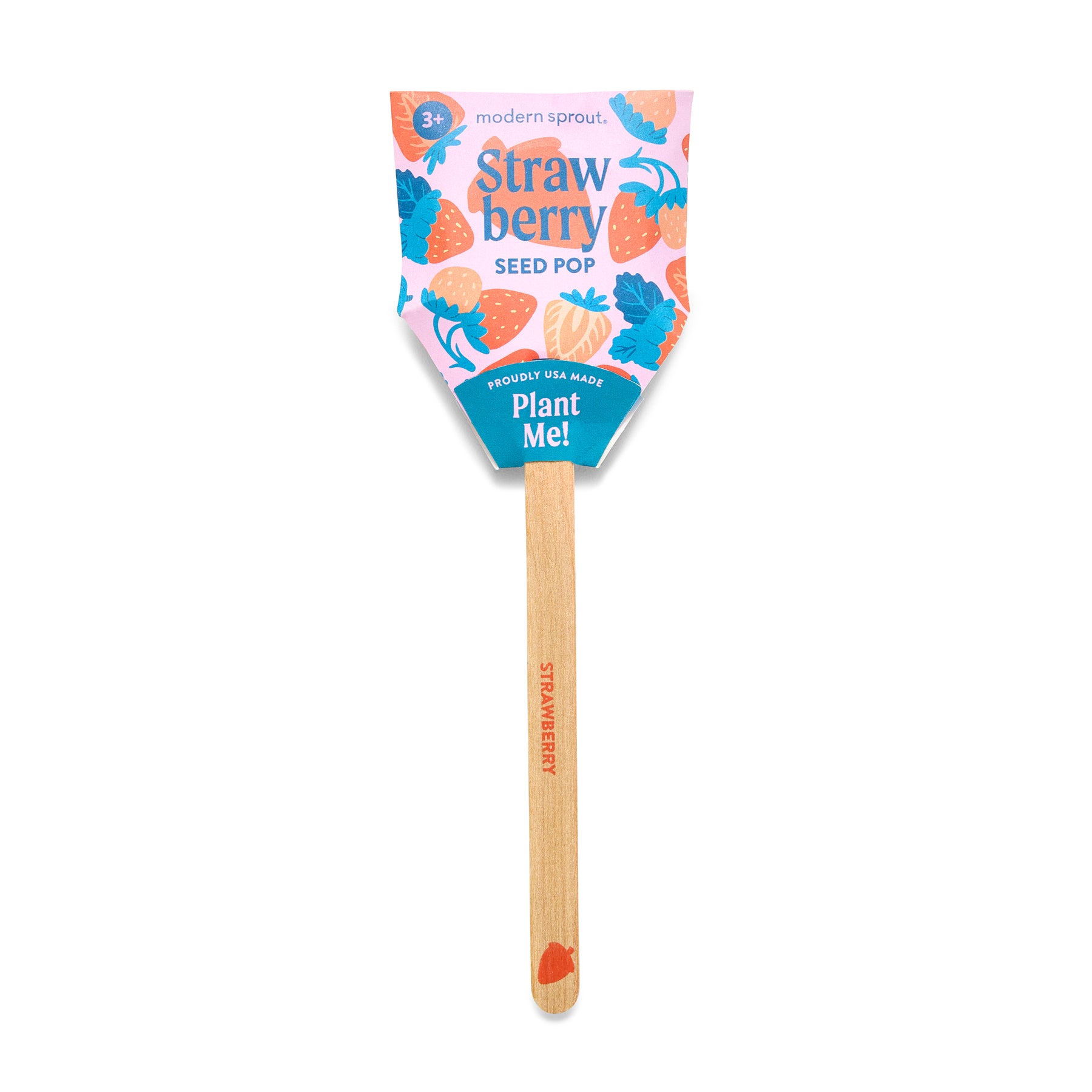 Colorful seed pop for strawberries, featuring vibrant fruit illustrations and a wooden stick for planting instructions.