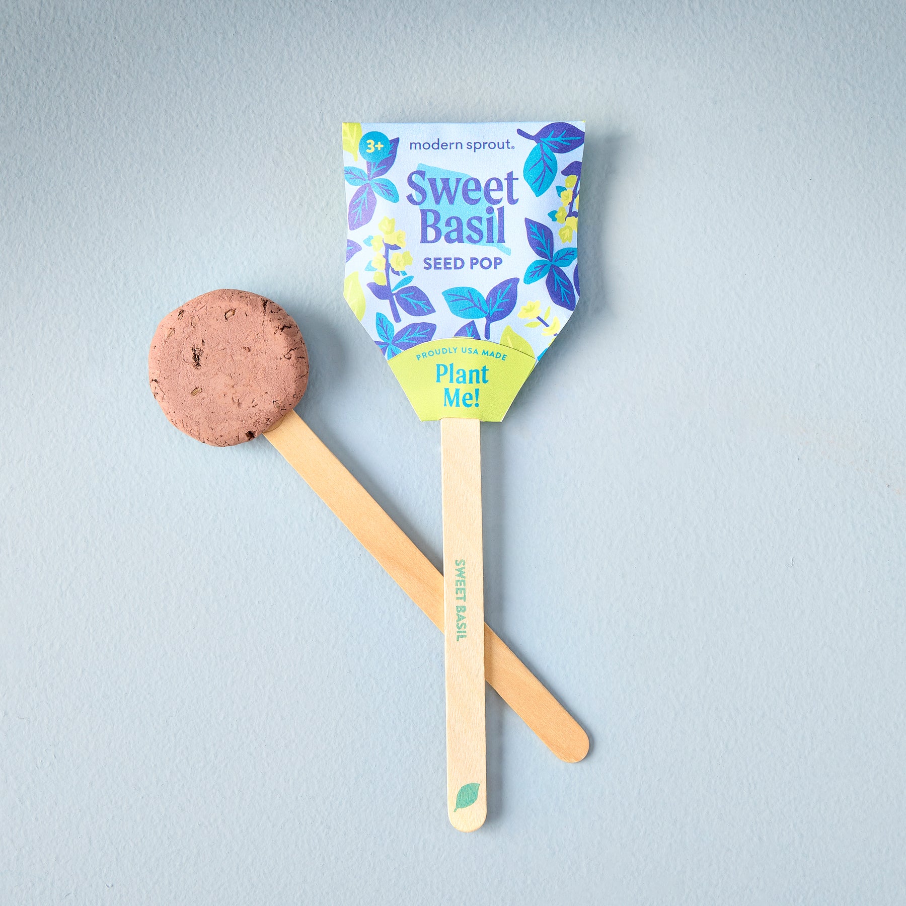 Seed Pops featuring Sweet Basil, with a biodegradable planting stick and a round seed disc for easy gardening.