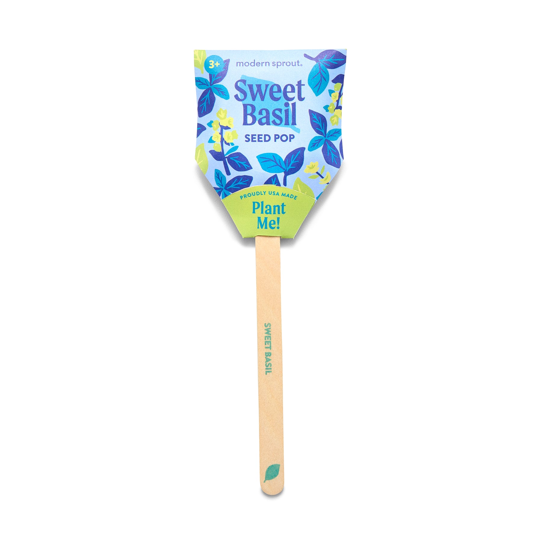 Colorful seed pop for Sweet Basil featuring a decorative label and a wooden stick for planting instructions.