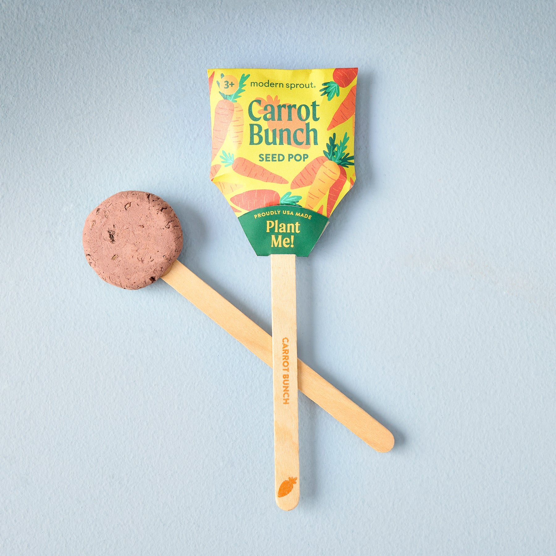 Carrot Bunch Seed Pop with wooden stick, featuring colorful packaging and a soil disc for planting.