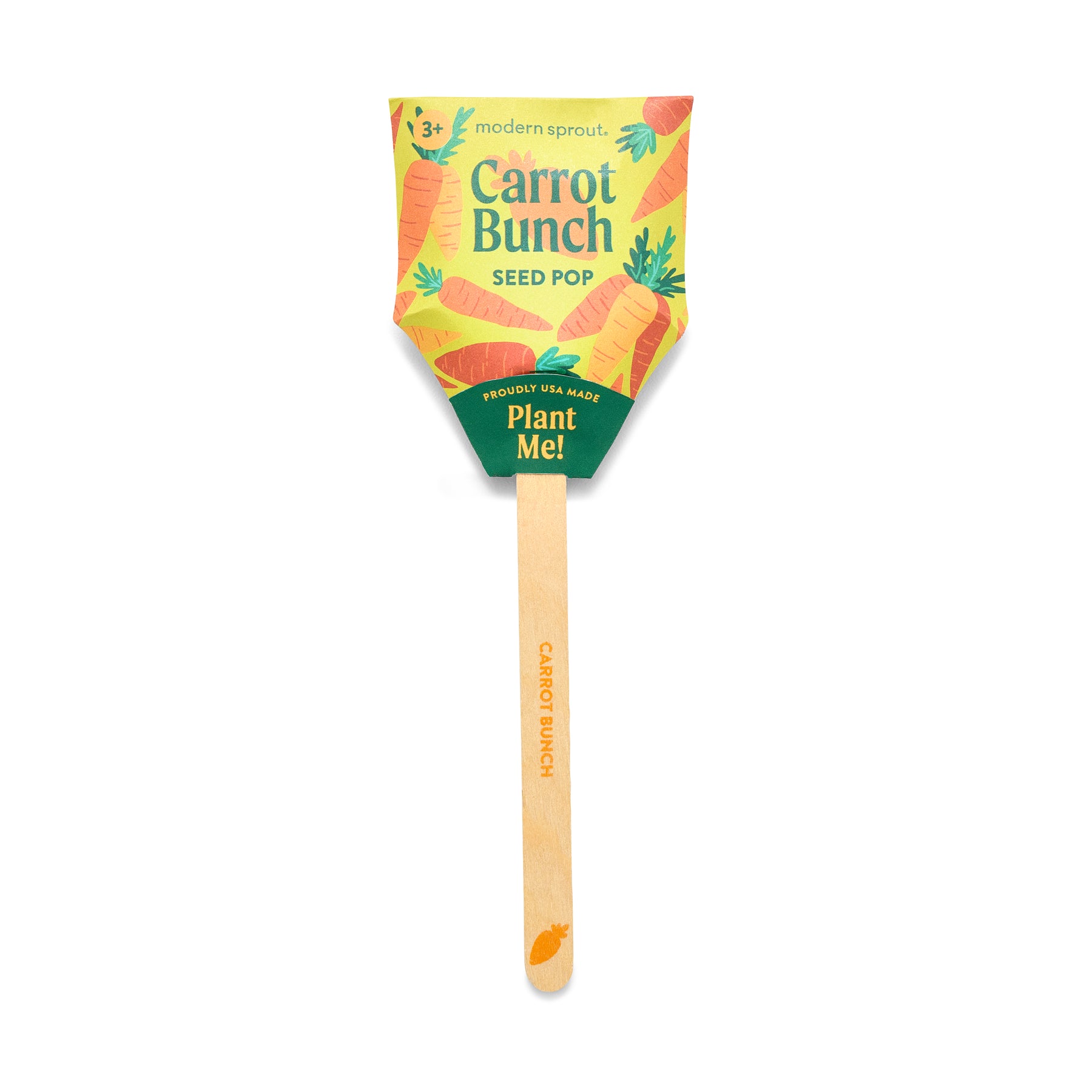 Colorful seed pop packaging featuring carrot illustrations, labeled "Carrot Bunch," with a wooden stick for planting.