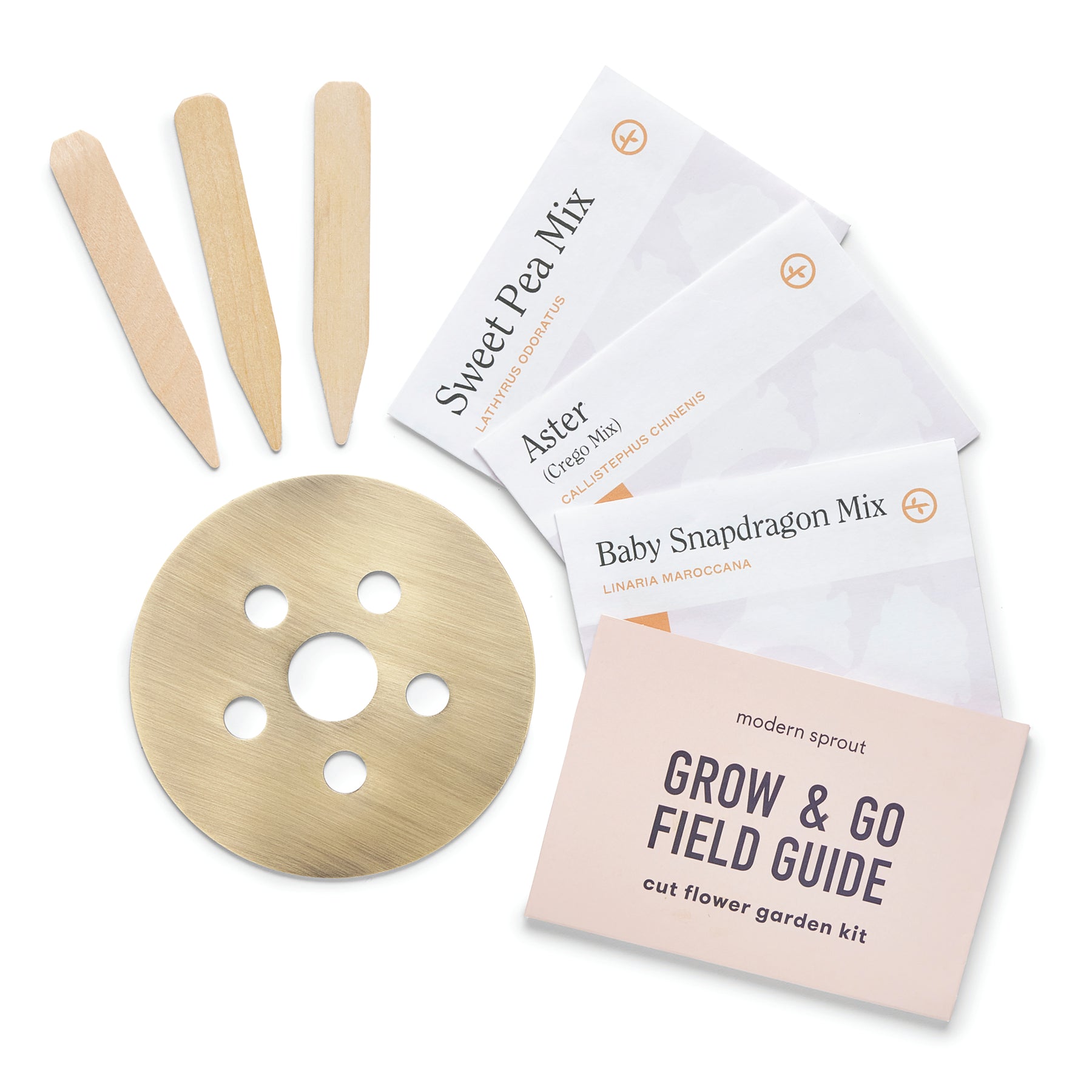 Seed collection featuring Sweet Pea Mix, Aster, Baby Snapdragons, wooden plant markers, and a Grow & Go field guide.