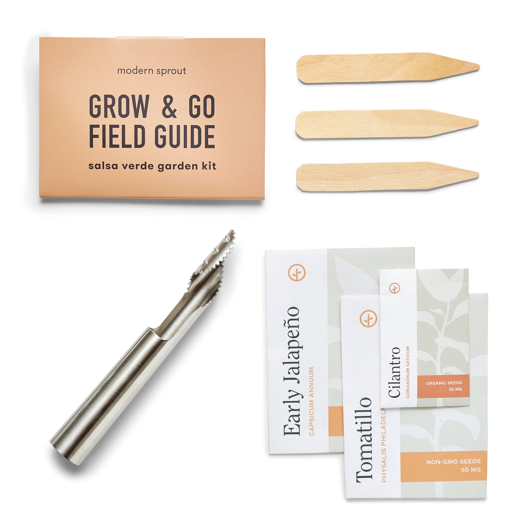 Seed collection kit featuring salsa verde seeds, wooden plant markers, and a stainless steel planting tool.