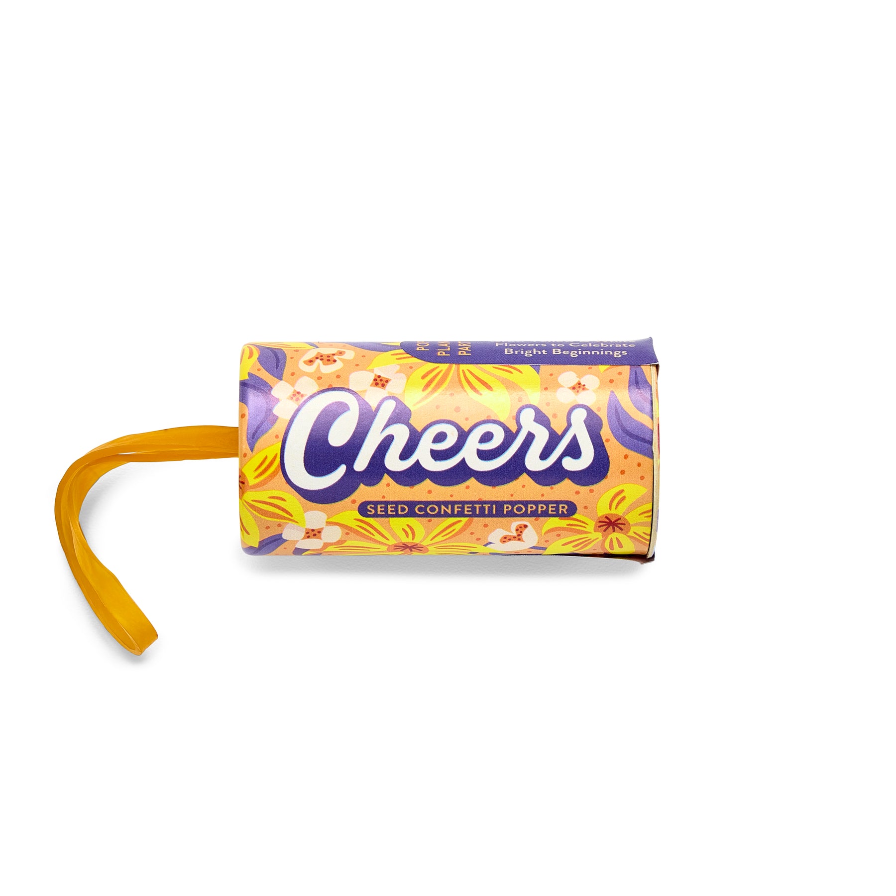 Colorful seed confetti popper with a floral design, labeled "Cheers," featuring a yellow pull string for activation.