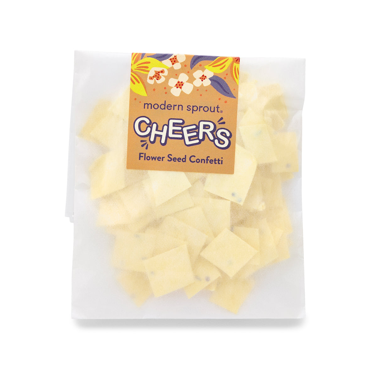 Seed paper confetti refill pack featuring small, square pieces of biodegradable paper embedded with flower seeds.