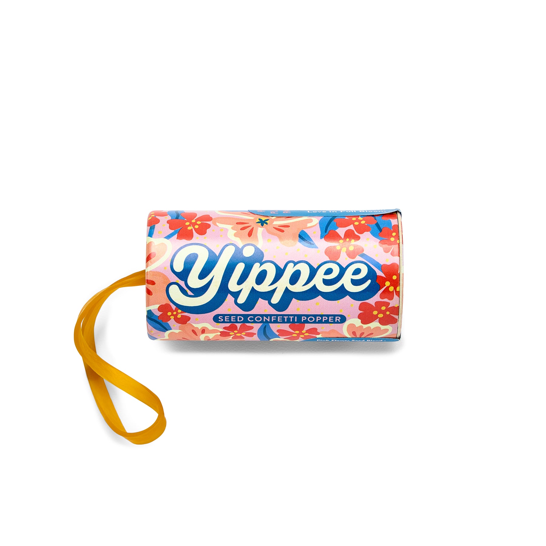 Colorful seed confetti popper with floral design and yellow pull string, labeled "Yippee" for festive planting fun.