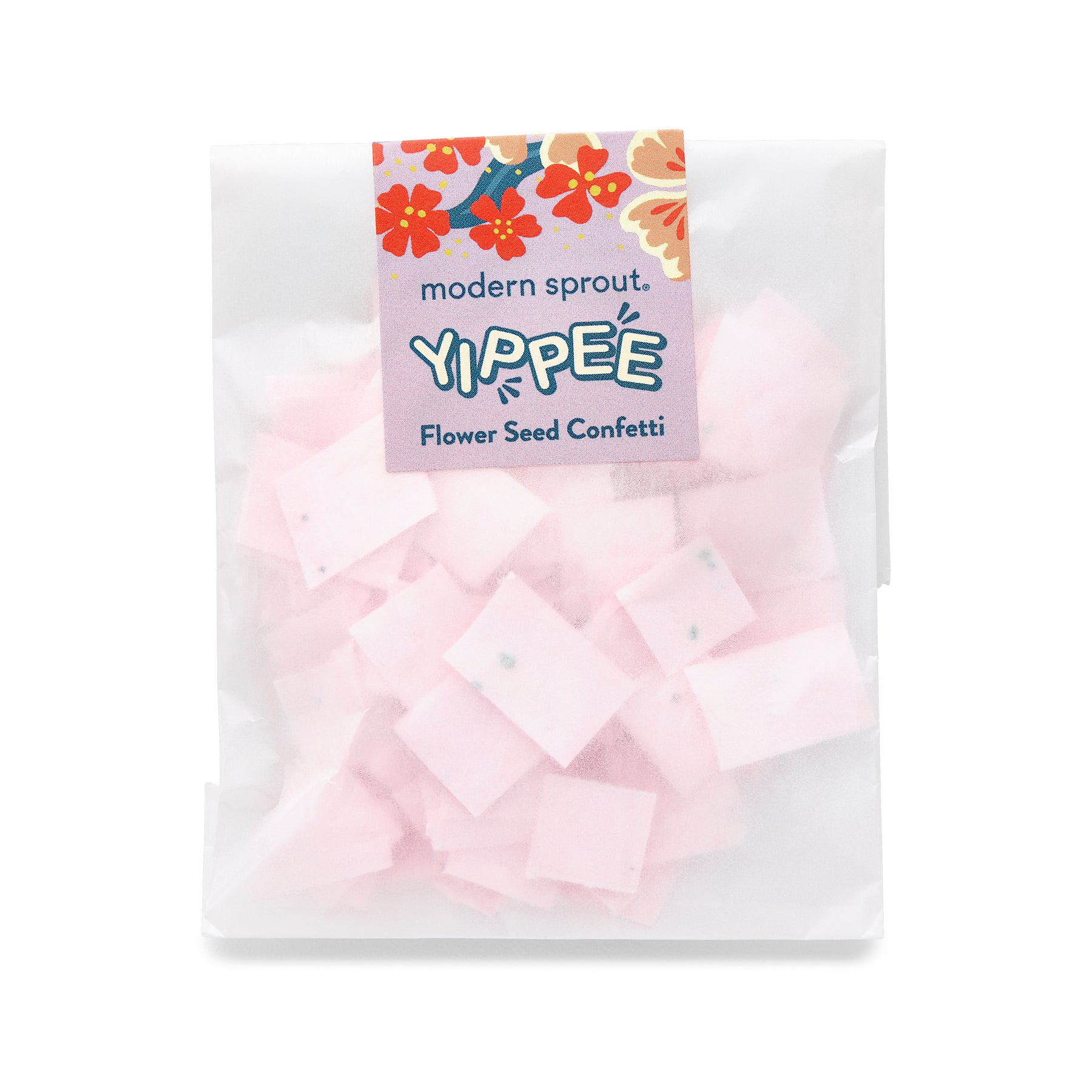 Seed paper confetti refill pack featuring pink flower-shaped confetti pieces, packaged in a clear bag with a colorful label.