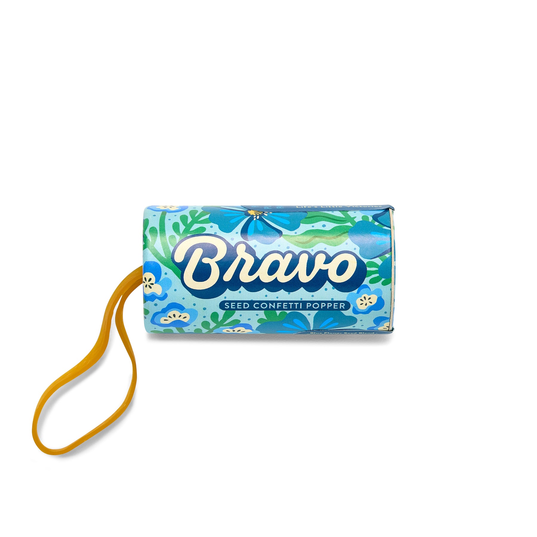 Colorful seed confetti popper with floral design and "Bravo" label, featuring a yellow pull string for easy use.