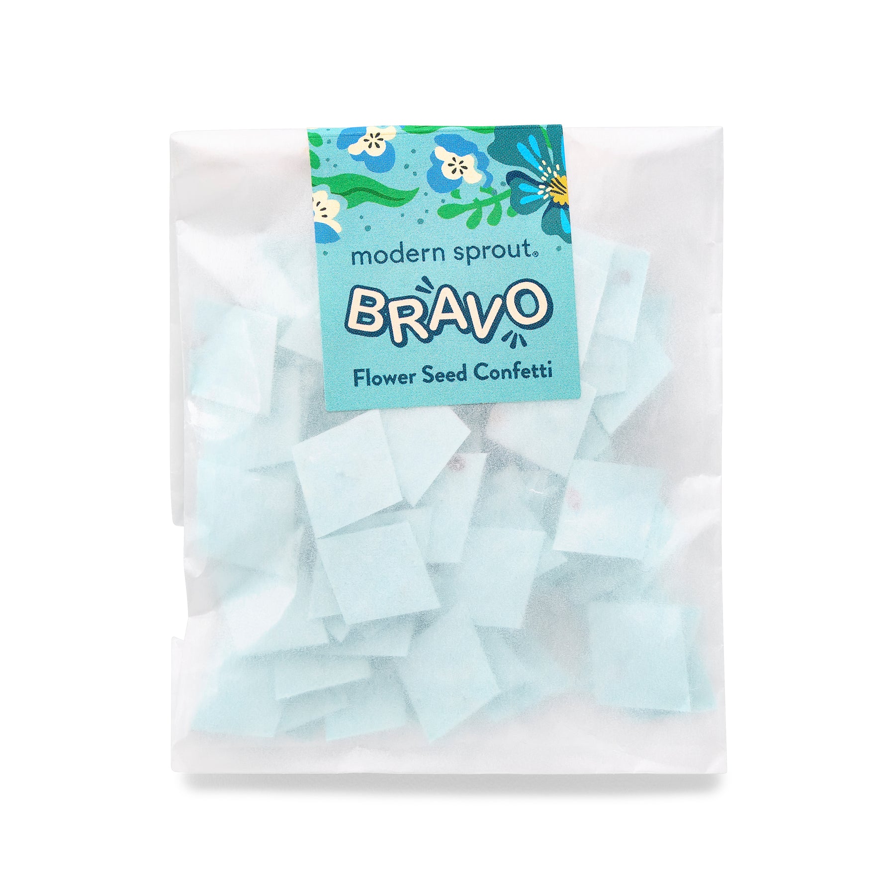 Seed paper confetti refill pack featuring light blue squares, ideal for planting flowers and celebrating special occasions.