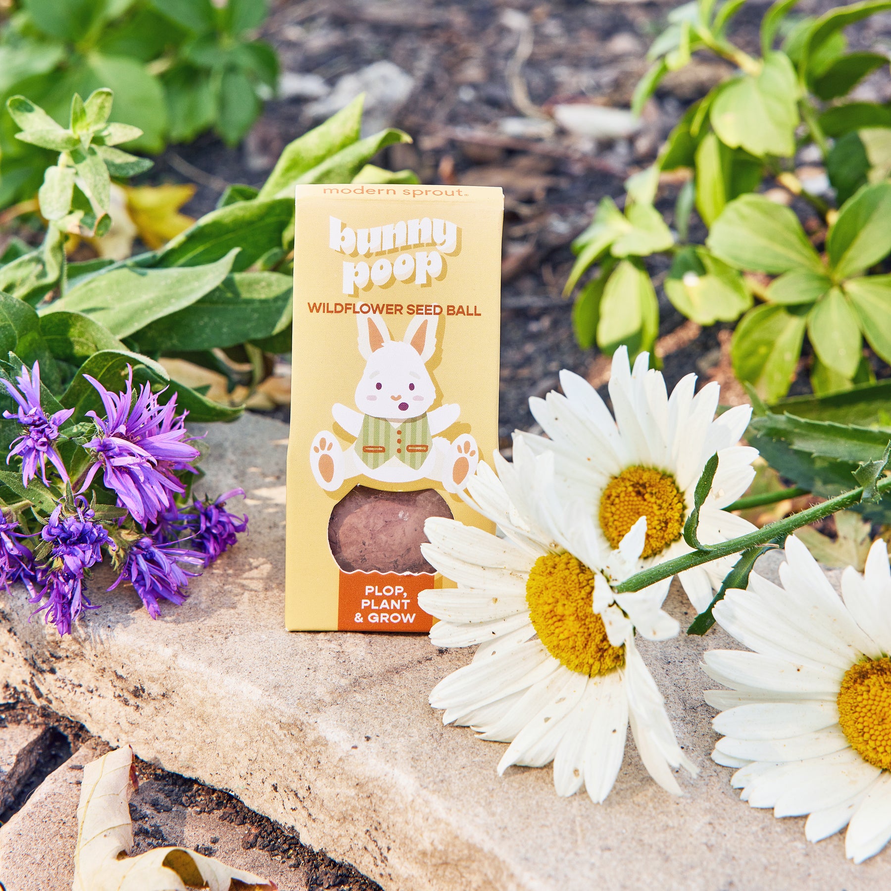 Wildflower seed ball packaging featuring a bunny design, surrounded by colorful flowers and greenery.