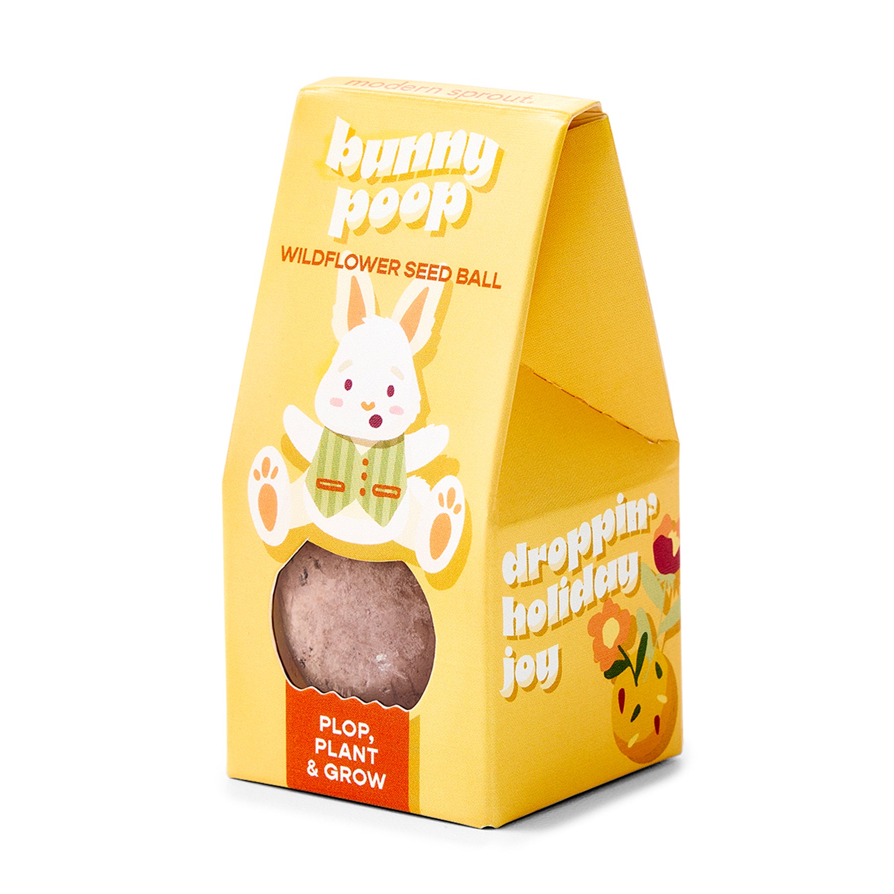 Yellow packaging for Easter Plops, featuring a bunny illustration and text promoting wildflower seed balls for planting.