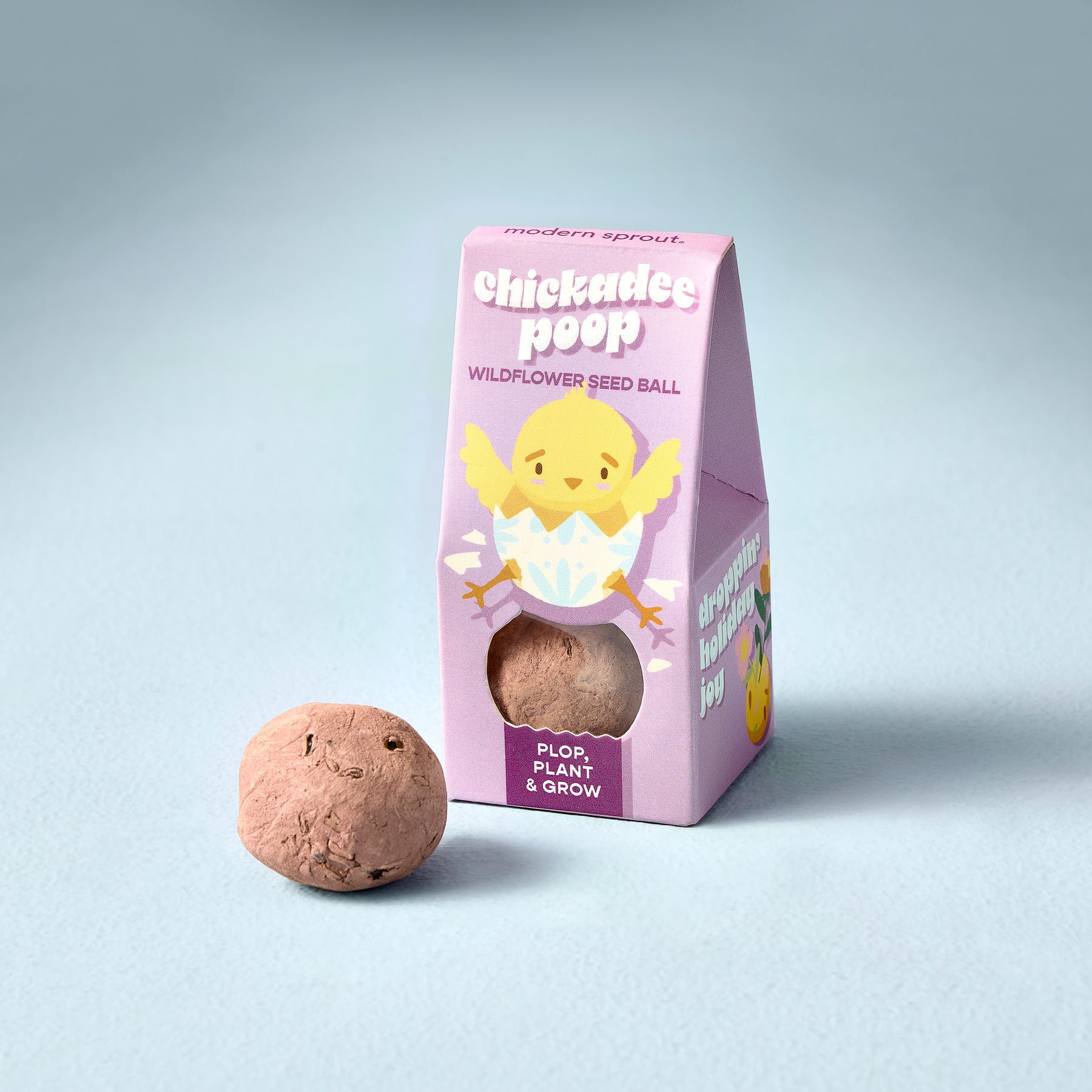 Wildflower seed ball in a playful packaging featuring a chick, designed for planting and growing flowers.