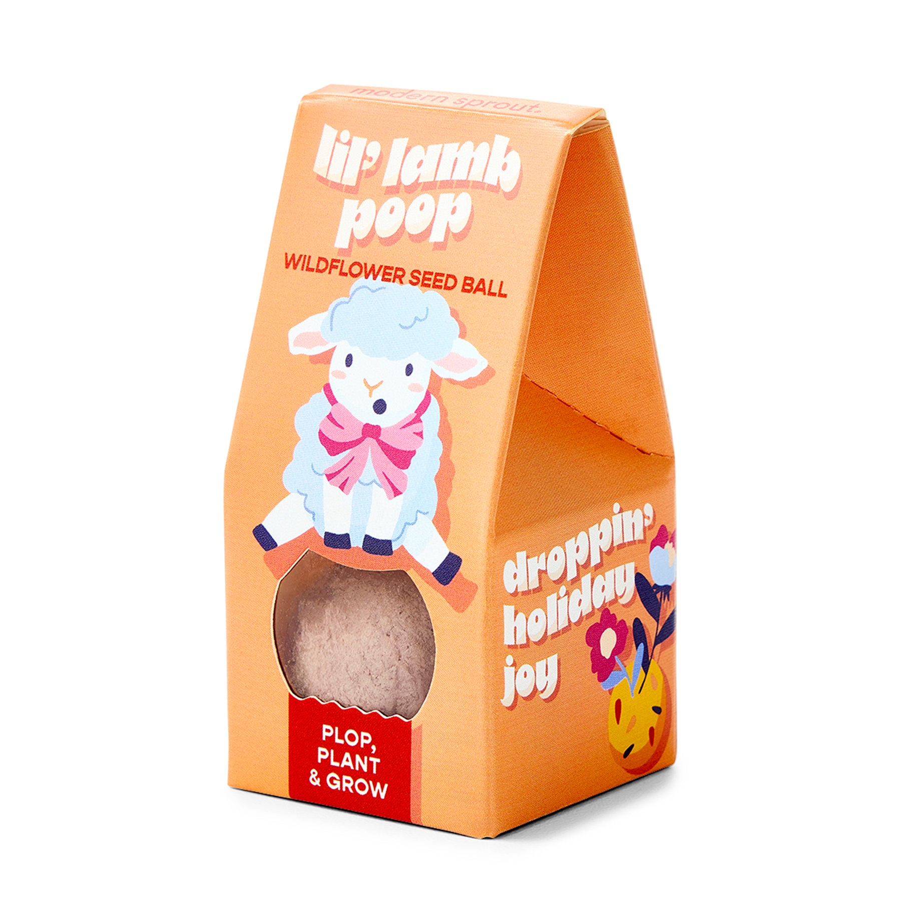 Easter Plops wildflower seed ball packaging featuring a playful lamb design, promoting planting and growing joy.