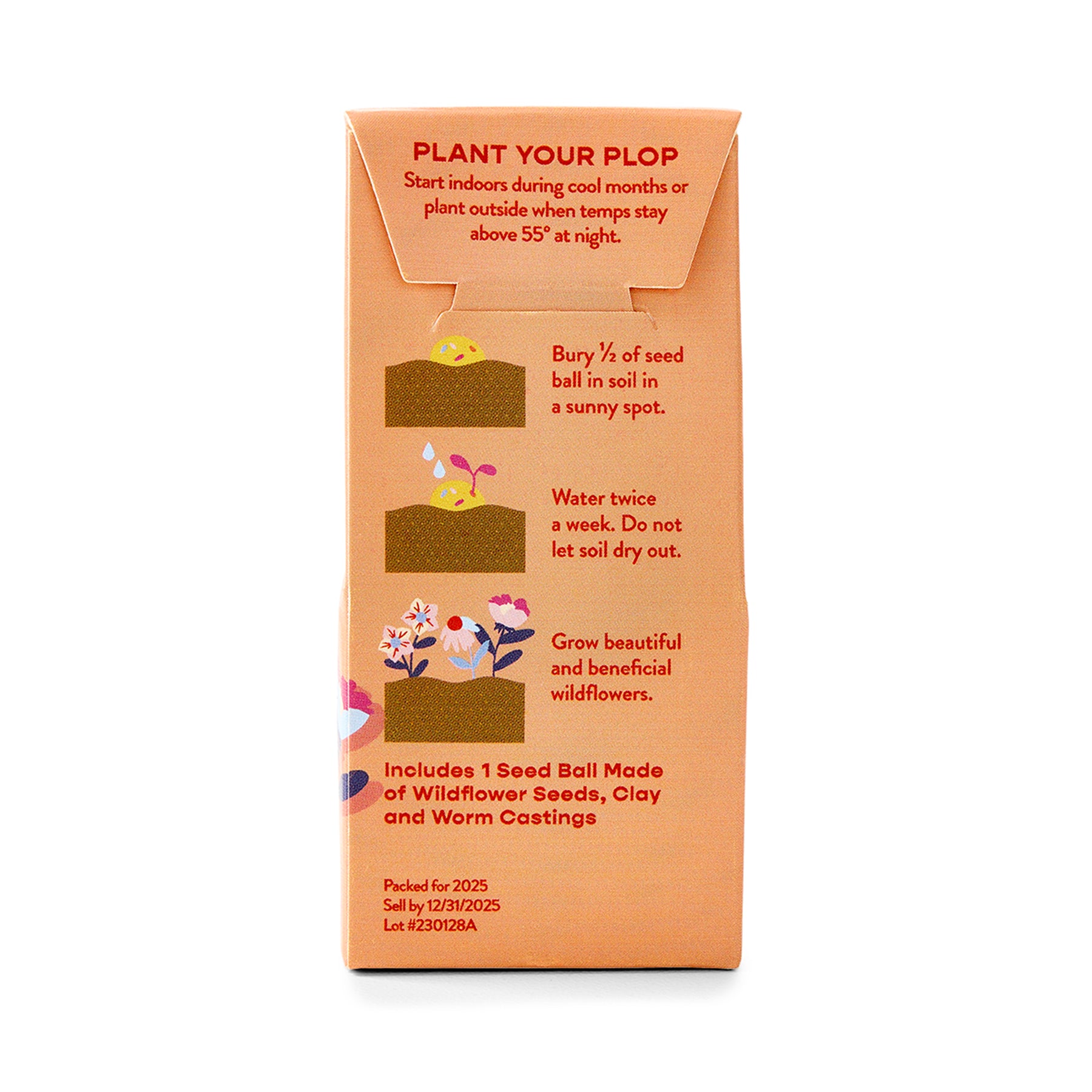 Packaging for Easter Plops seed balls, featuring planting instructions and illustrations of wildflowers and soil.