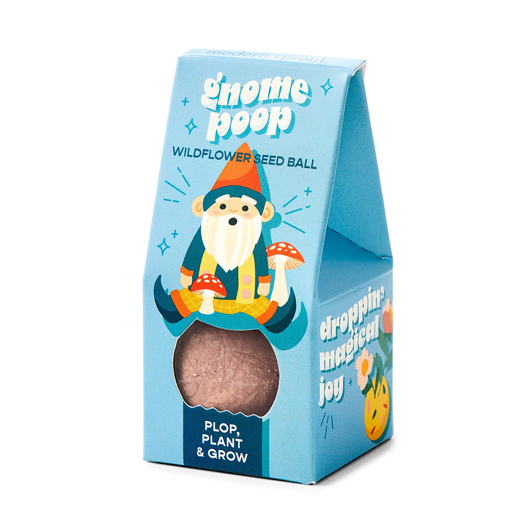 Colorful packaging for Magical Plops wildflower seed ball featuring a gnome and playful graphics, promoting planting joy.