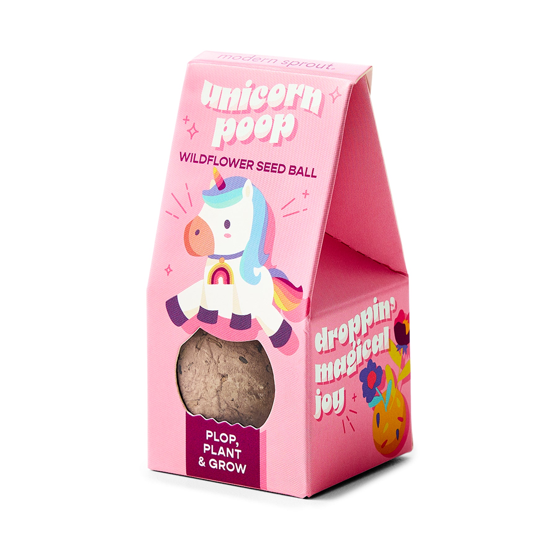 Colorful packaging for Magical Plops wildflower seed balls, featuring a unicorn design and playful text.