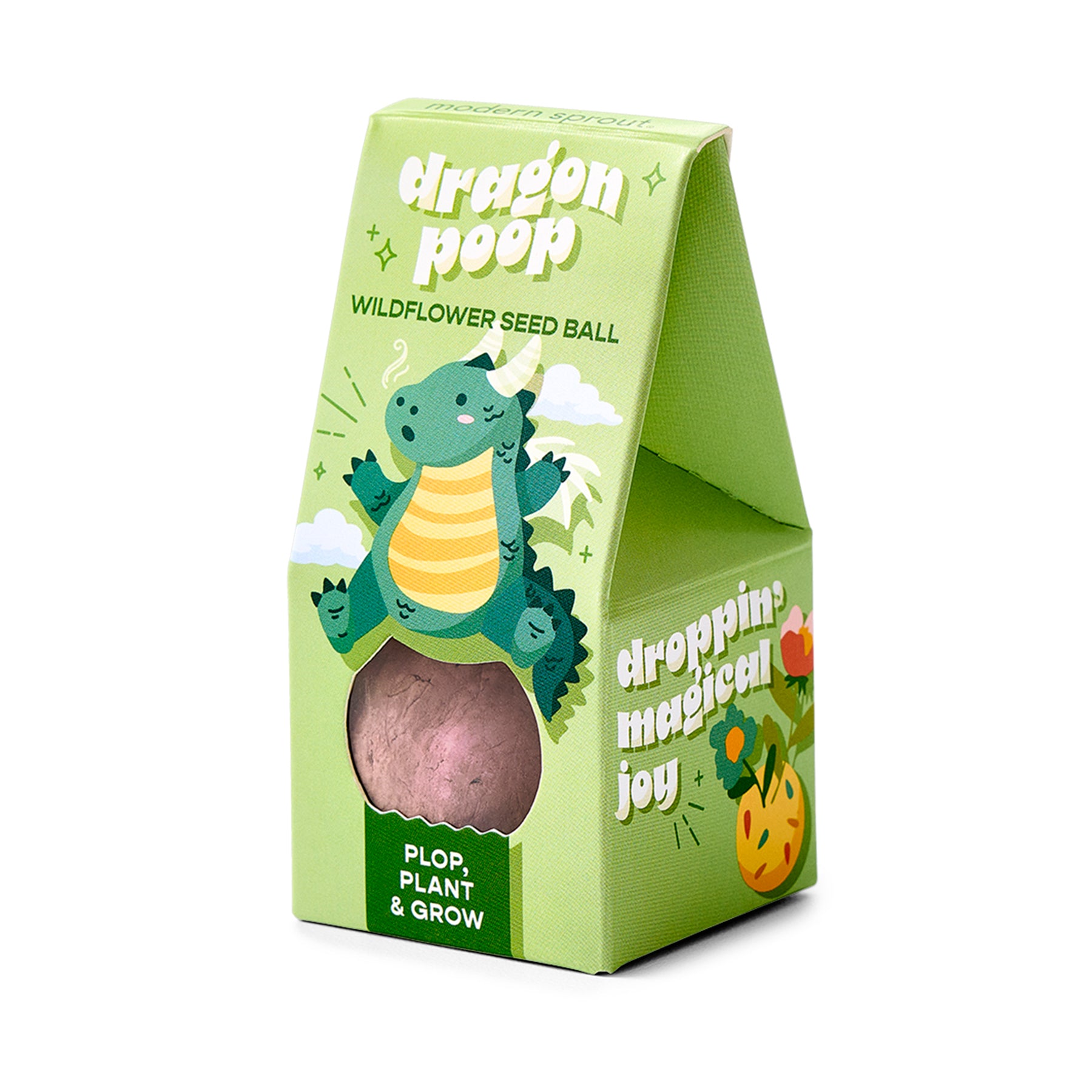 Colorful packaging for Magical Plops featuring a cartoon dragon and a wildflower seed ball, promoting planting joy.