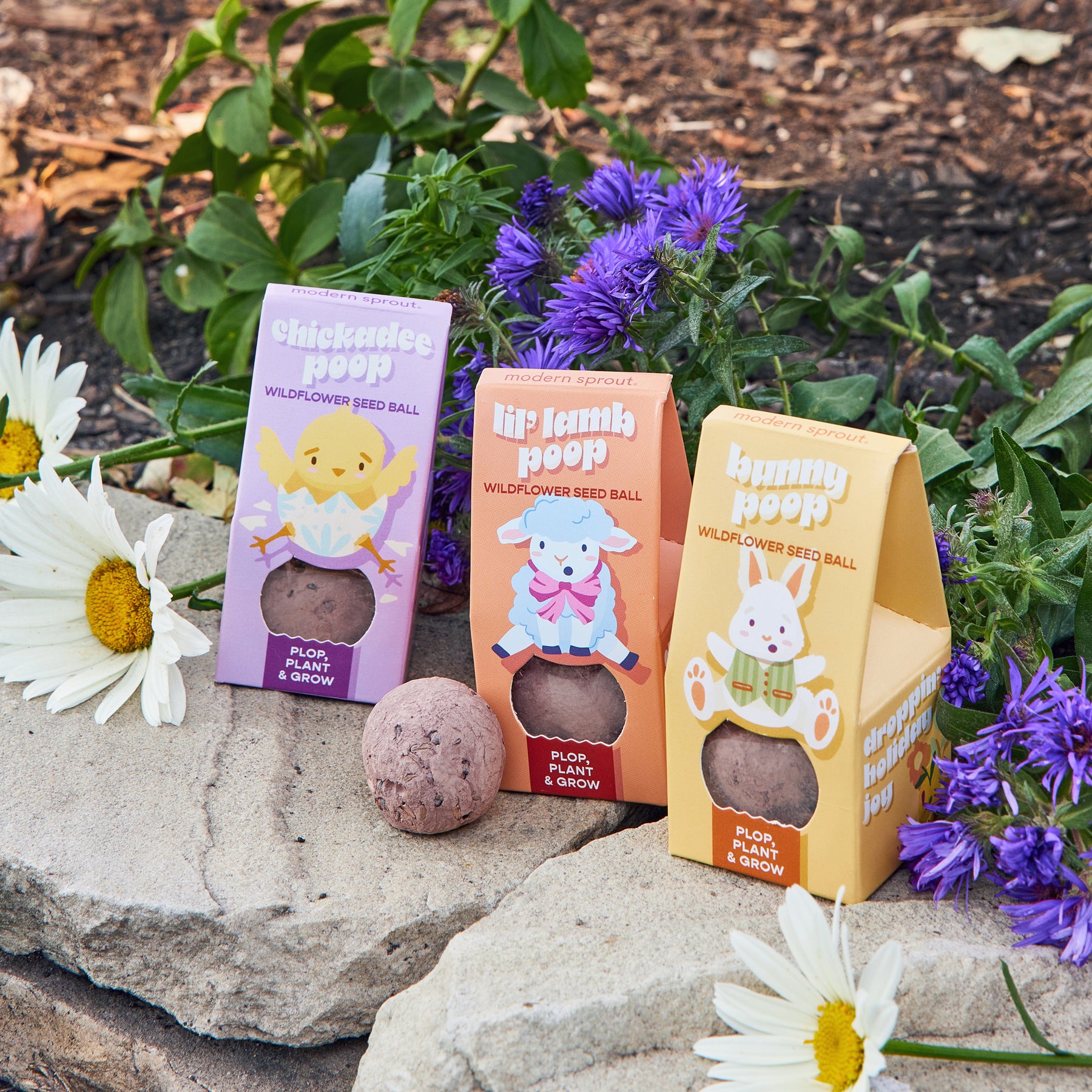 Colorful seed ball packaging for Easter Plops, featuring whimsical designs of chicks and bunnies, surrounded by flowers.