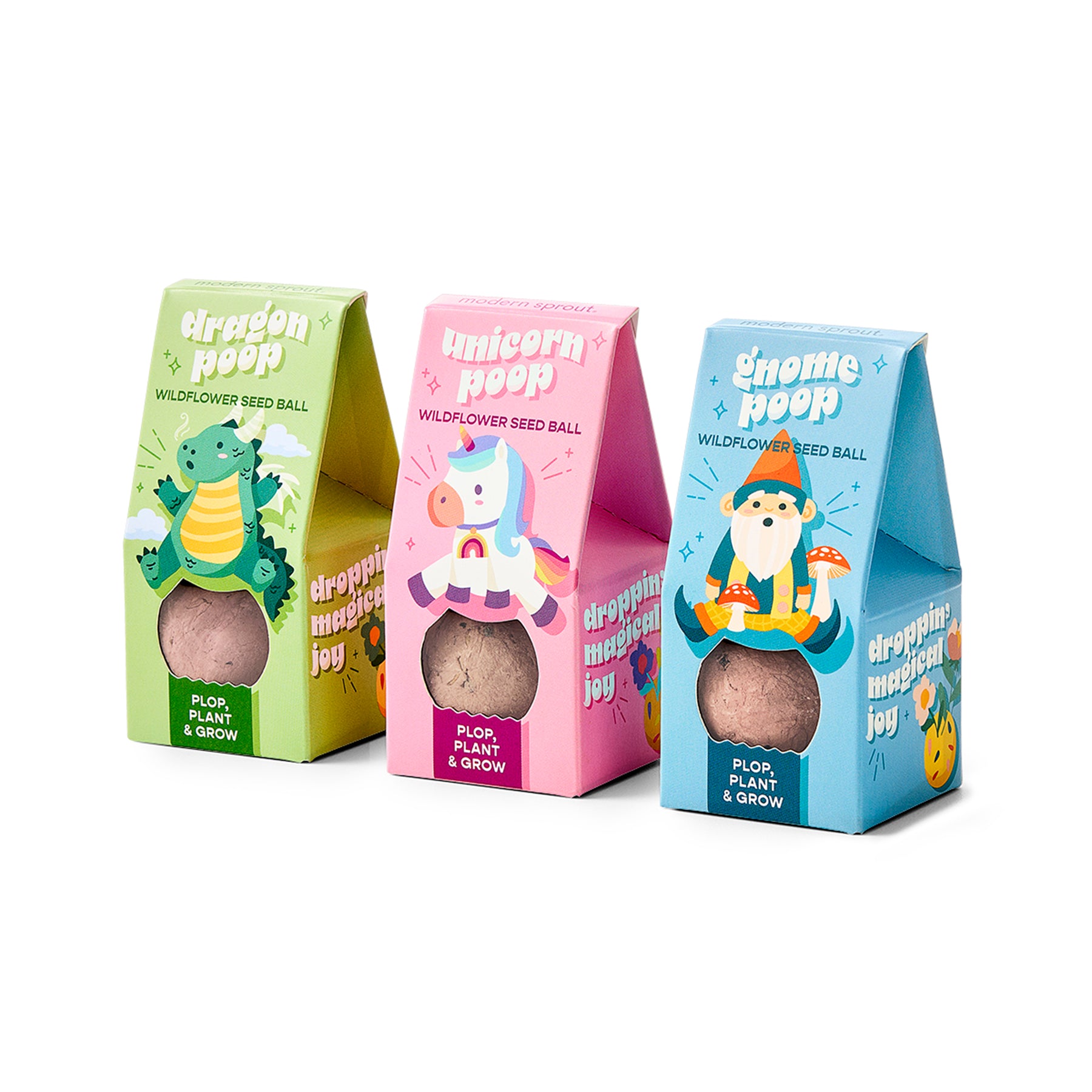Colorful seed ball packaging featuring whimsical characters like a dragon, unicorn, and gnome, promoting wildflower planting.