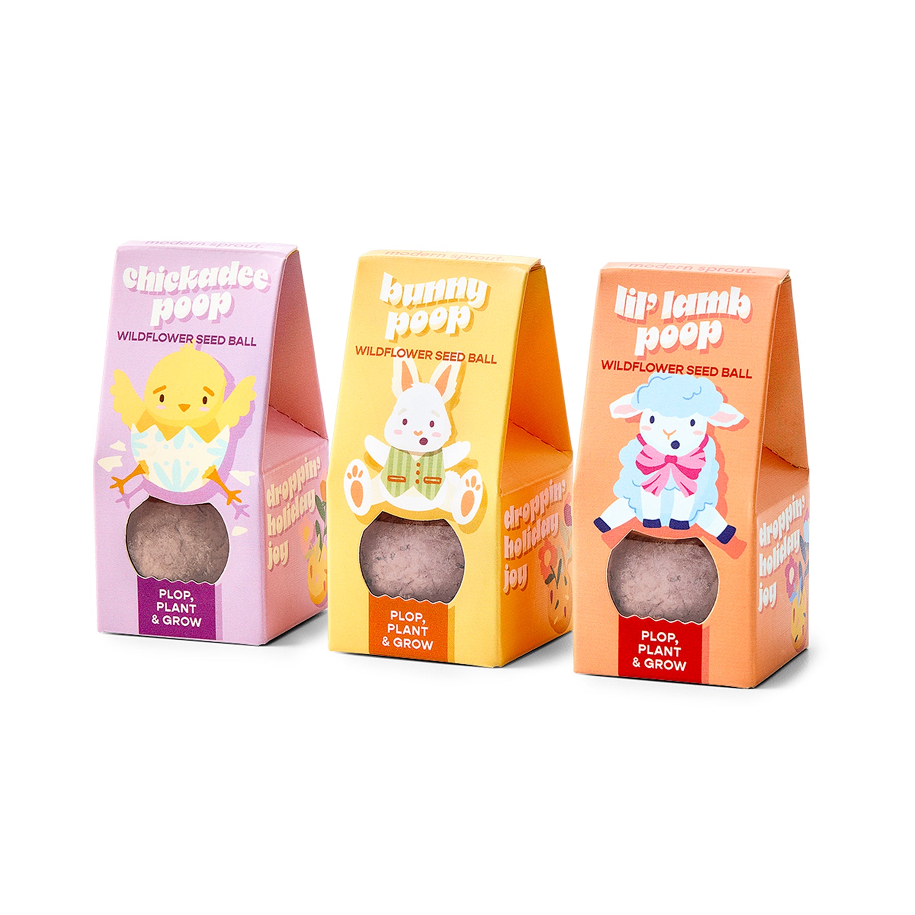 Colorful seed ball packaging for Easter featuring Chickadee, Bunny, and Lamb designs, promoting wildflower planting.