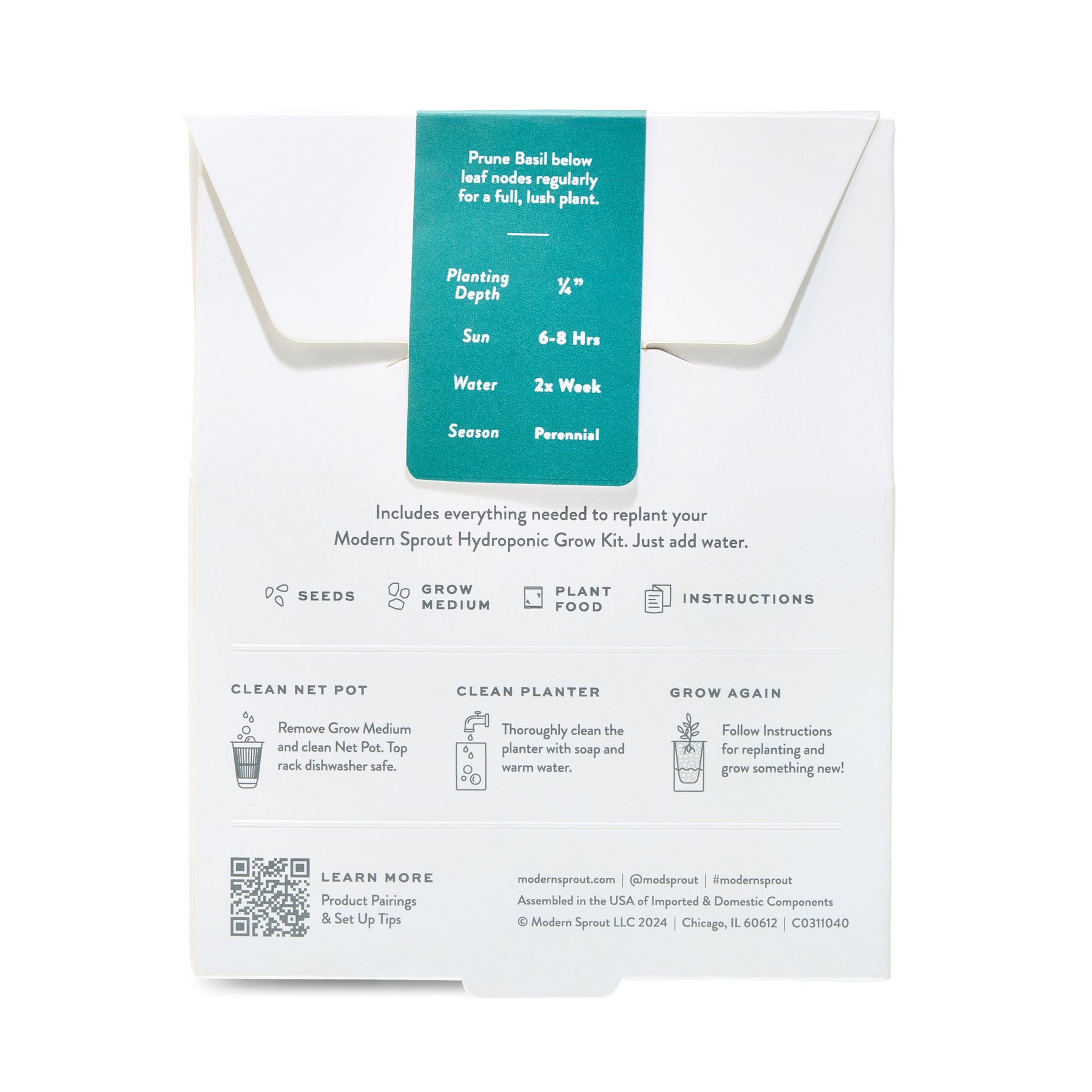 Immersion Hydroponic Replant Kit packaging with instructions for planting basil, including depth, sunlight, and watering details.