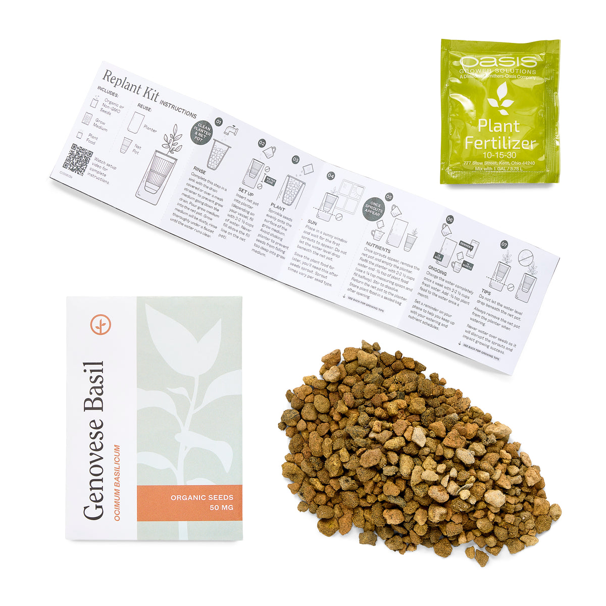 Immersion Hydroponic Replant Kit featuring organic basil seeds, planting medium, fertilizer, and instruction guide.