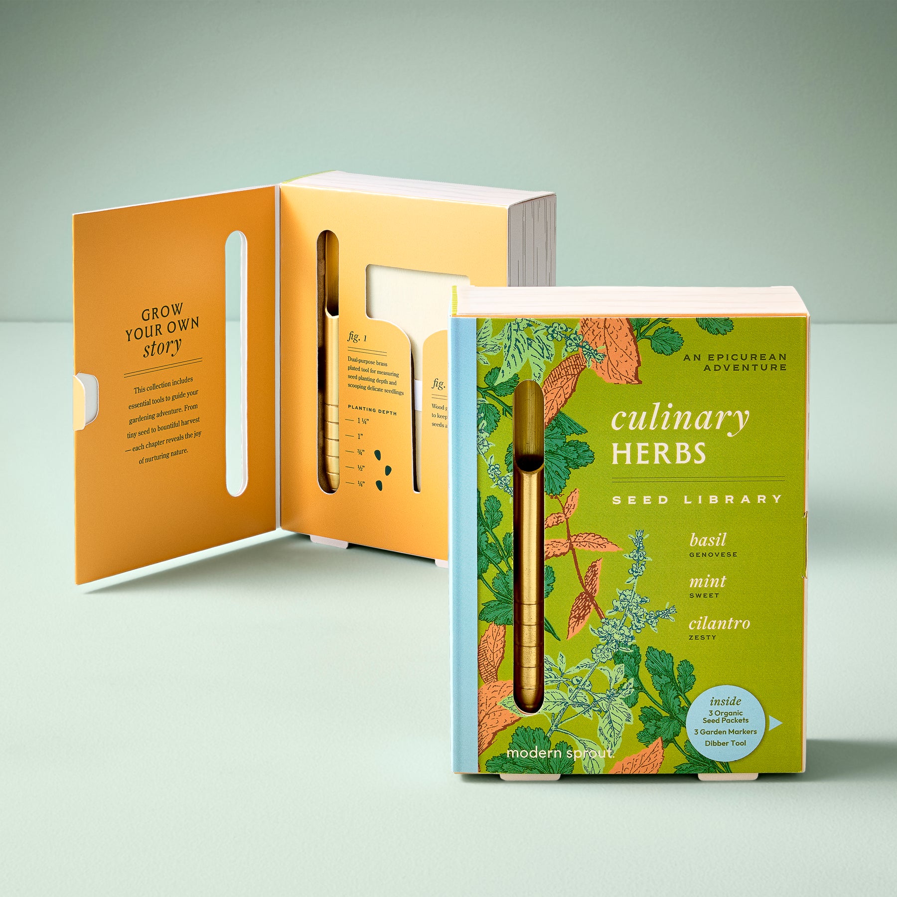 Culinary Herbs Seed Library featuring basil, mint, and cilantro with an illustrated cover and seed tubes inside.