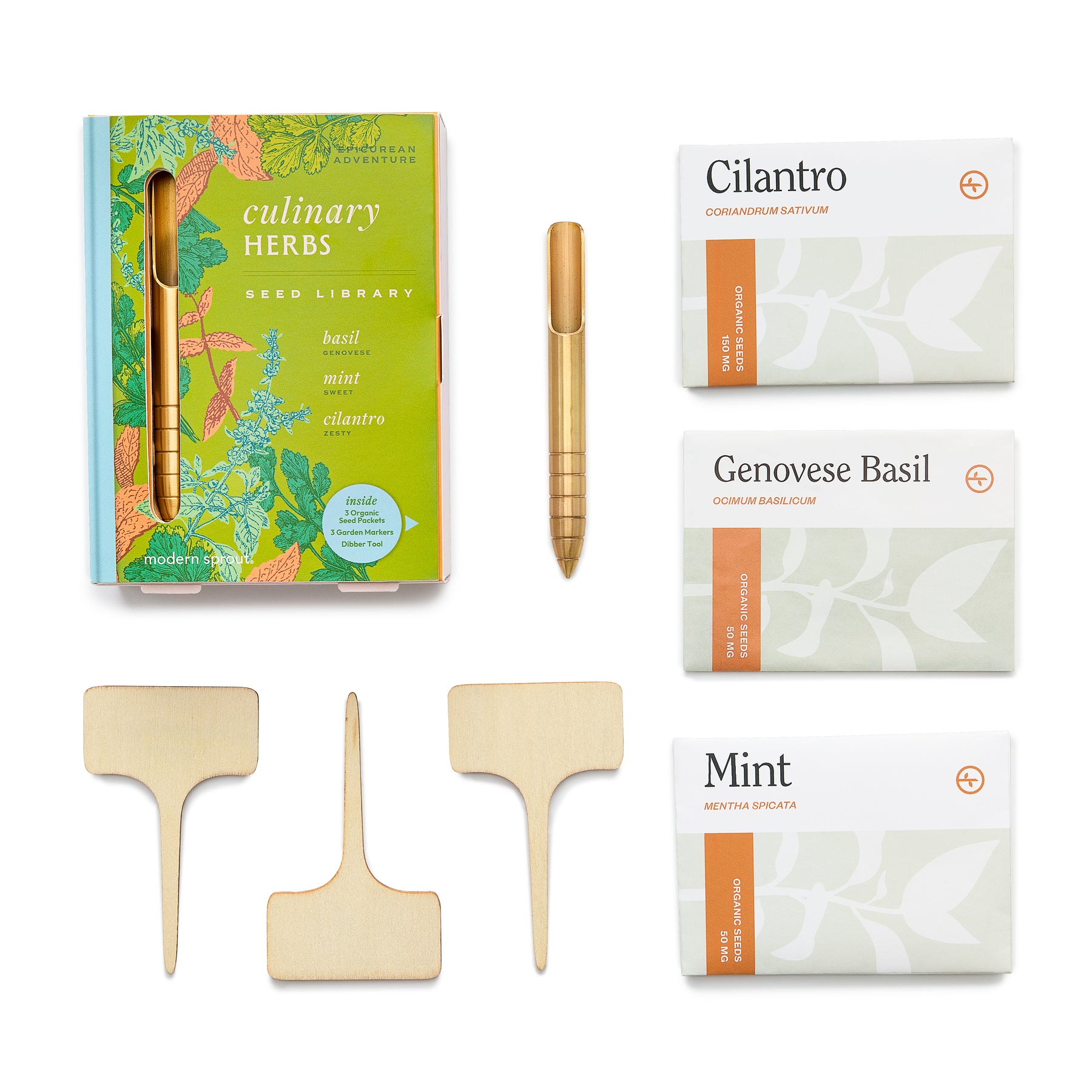 Culinary herbs seed library kit featuring basil, mint, and cilantro seeds, wooden plant markers, and a pen.