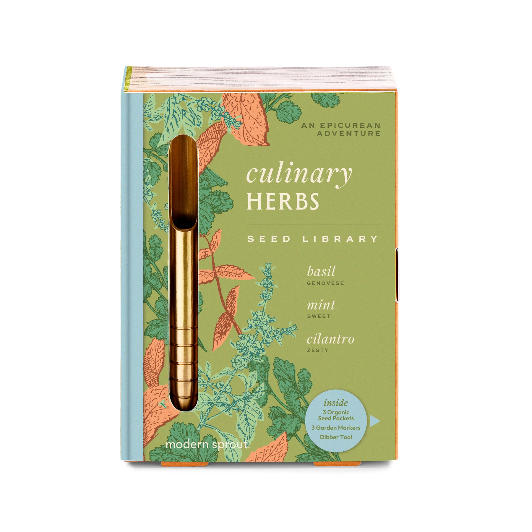 Culinary herbs seed library featuring basil, mint, and cilantro with a gold dibbler tool for planting.
