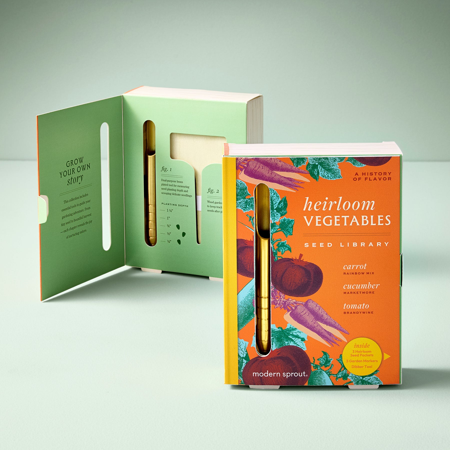 Heirloom vegetables seed library book with colorful cover and seed storage tube, promoting home gardening.