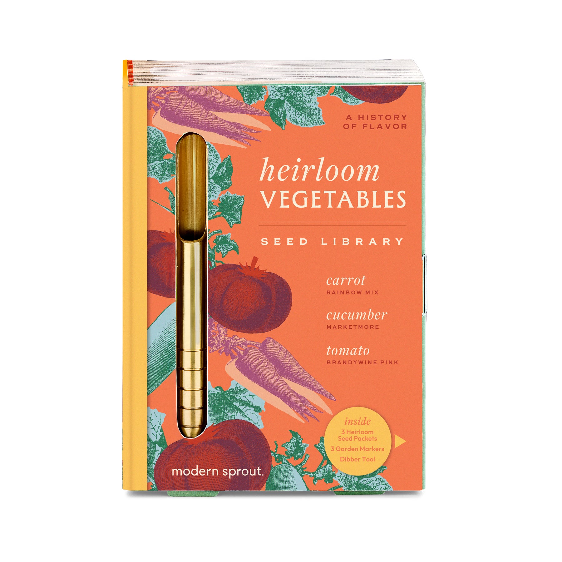 Heirloom vegetables seed library featuring carrot, cucumber, and tomato seeds with a gold dibber tool included.