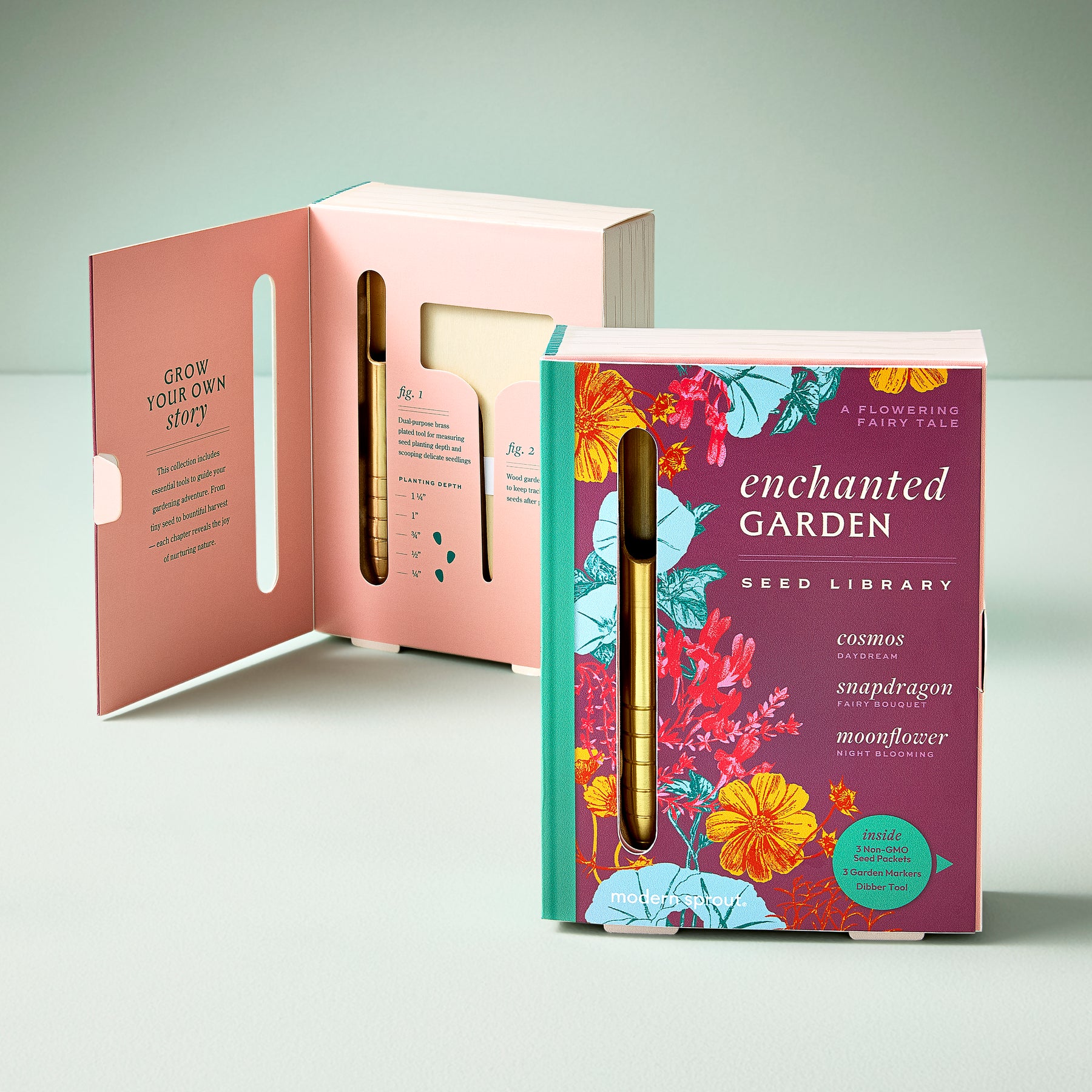 Colorful seed library box titled "Enchanted Garden," featuring floral designs and a guide for planting various flowers.