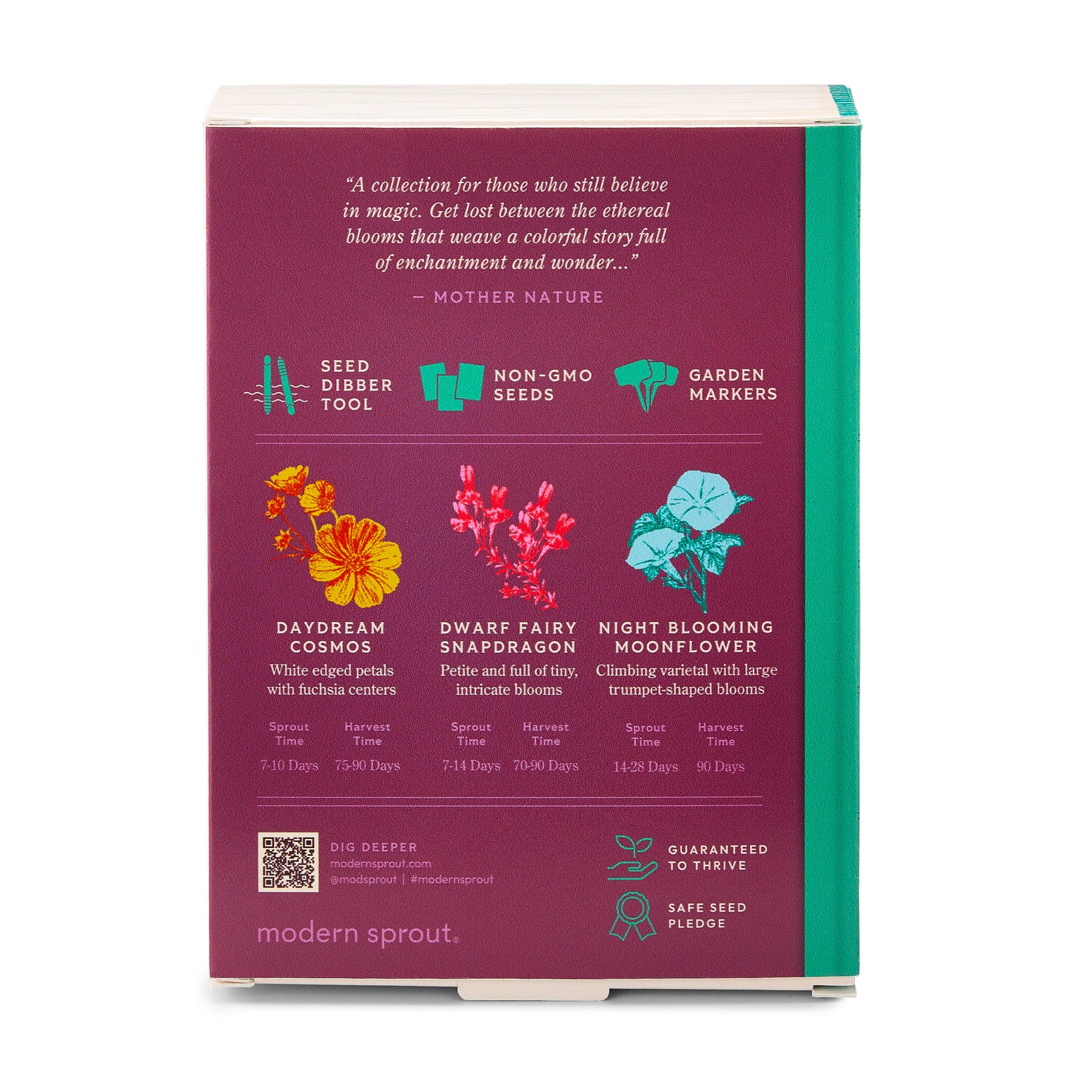 Back cover of a seed library book featuring colorful illustrations of flowers, seed dibber tool, and garden markers.