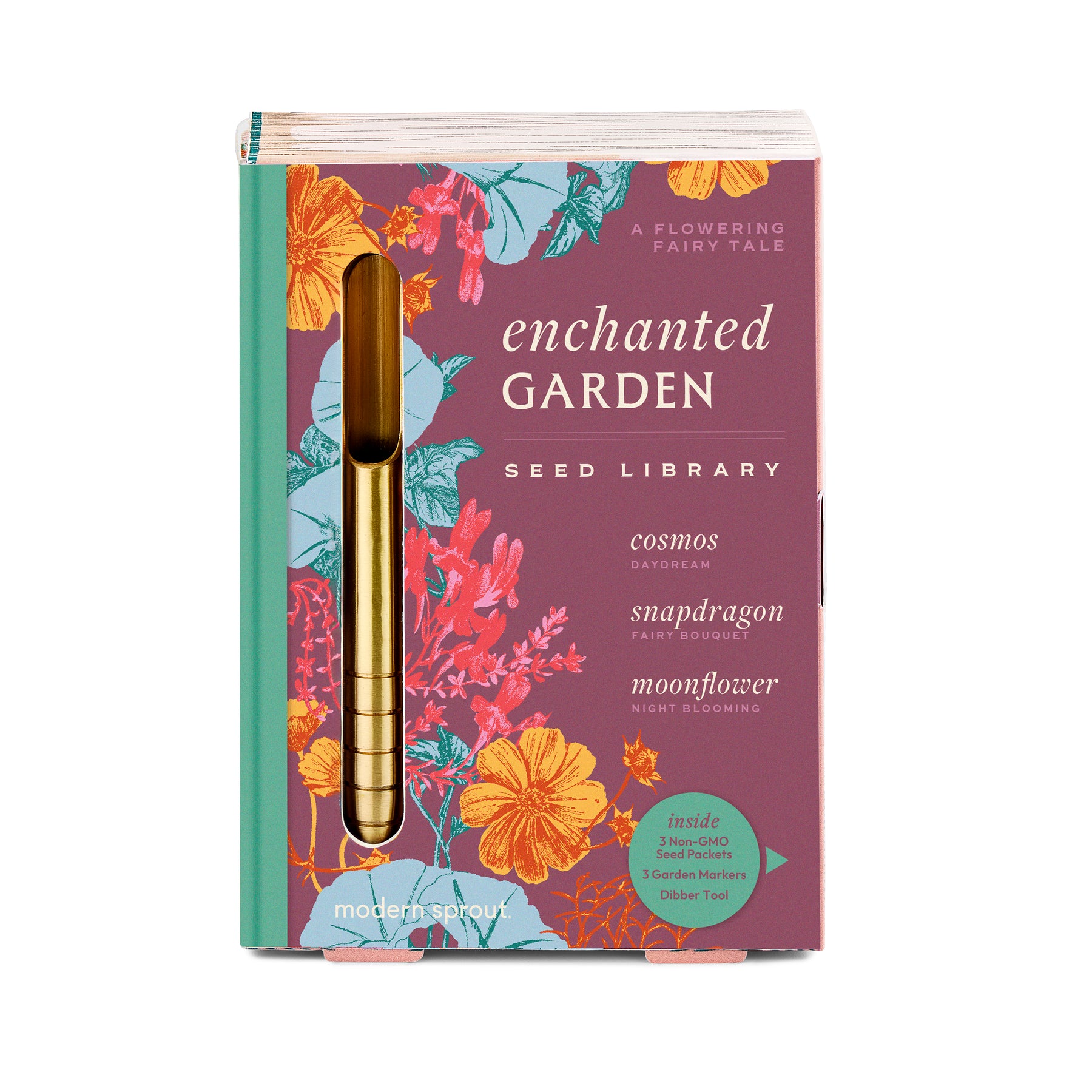 Seed library featuring a colorful floral design, including cosmos, snapdragon, and moonflower seeds, with a dibber tool.