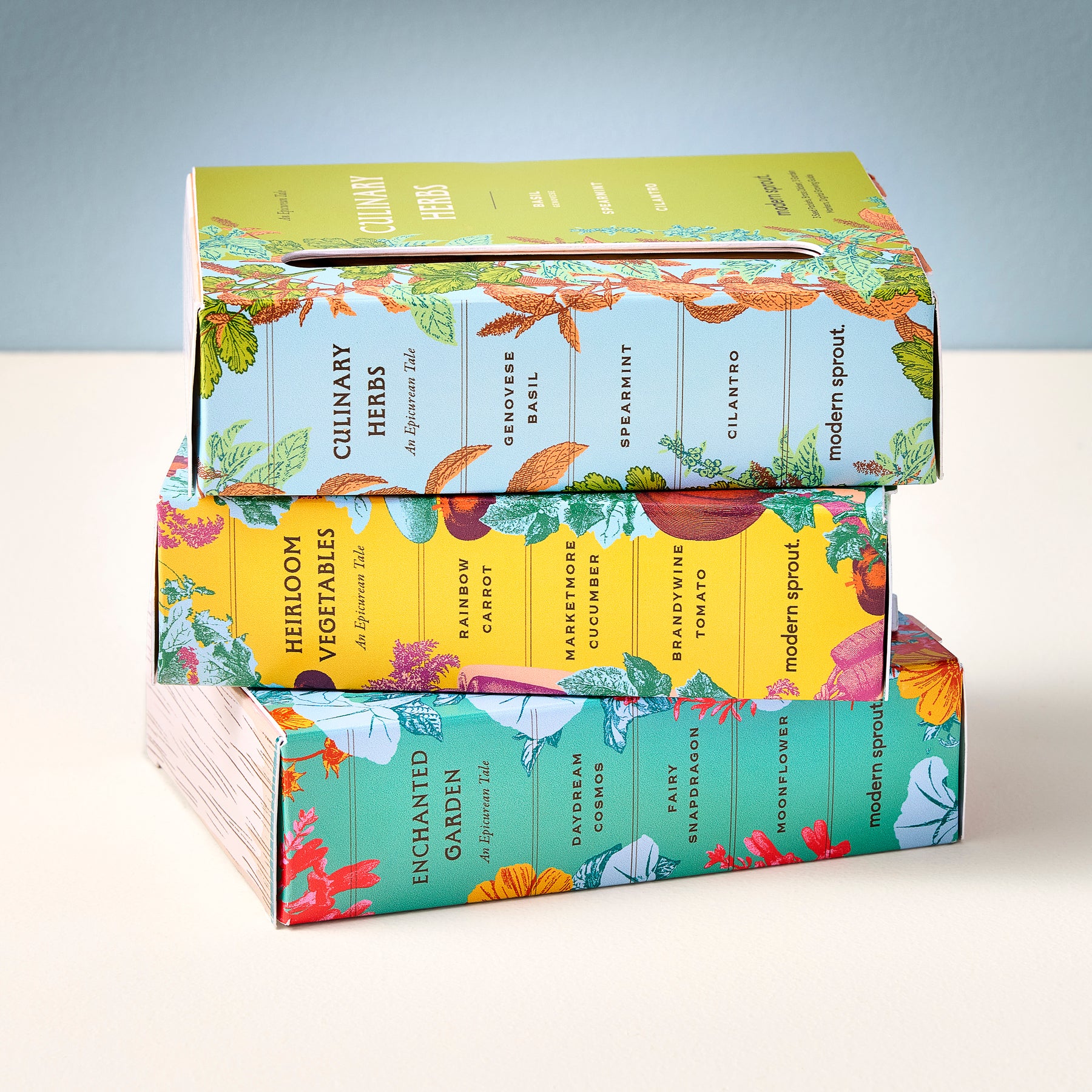 Colorful seed library boxes stacked, featuring heirloom vegetables, culinary herbs, and an enchanted garden theme.