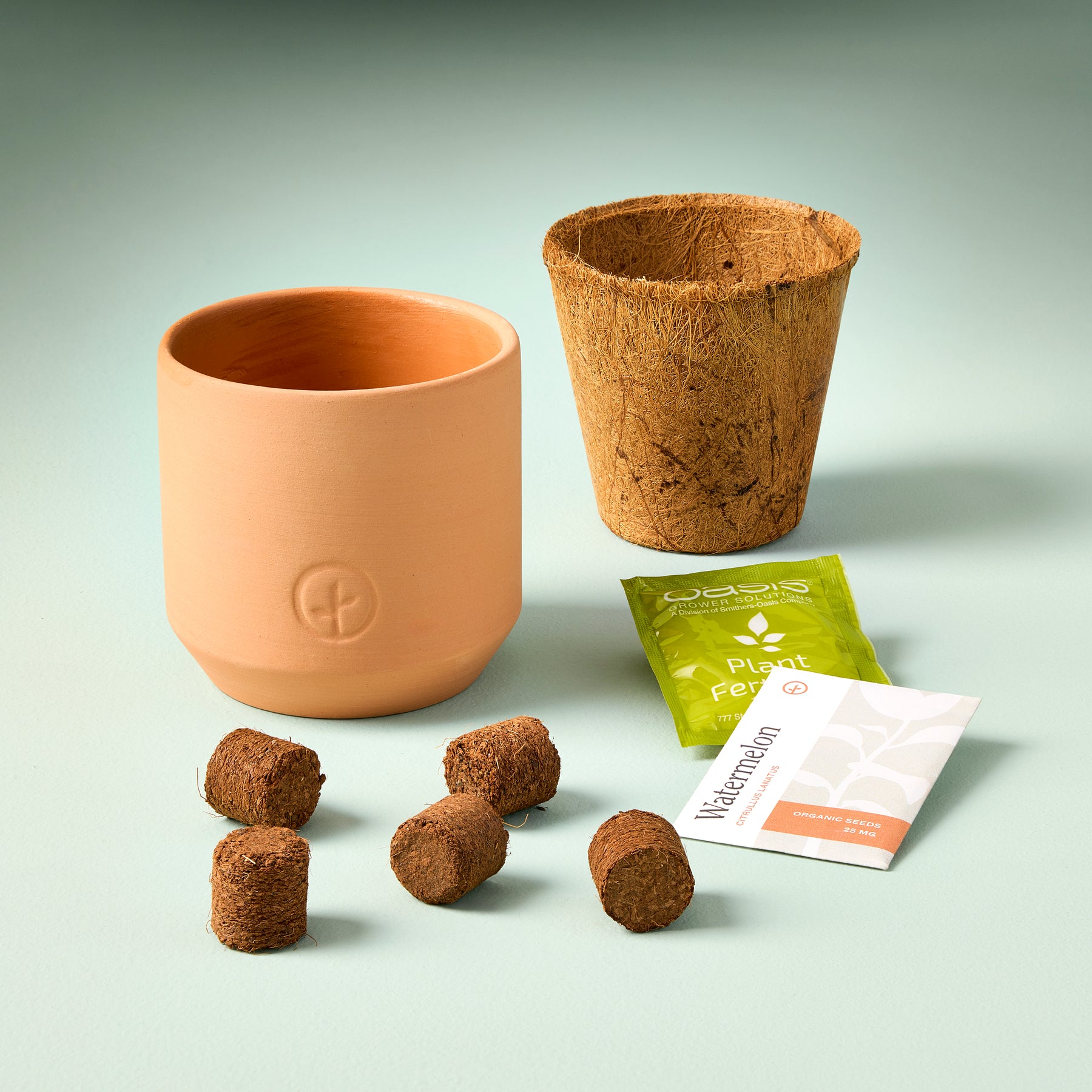 Tiny terracotta garden kits featuring unglazed pots, soil discs, and plant food packets for easy indoor gardening.