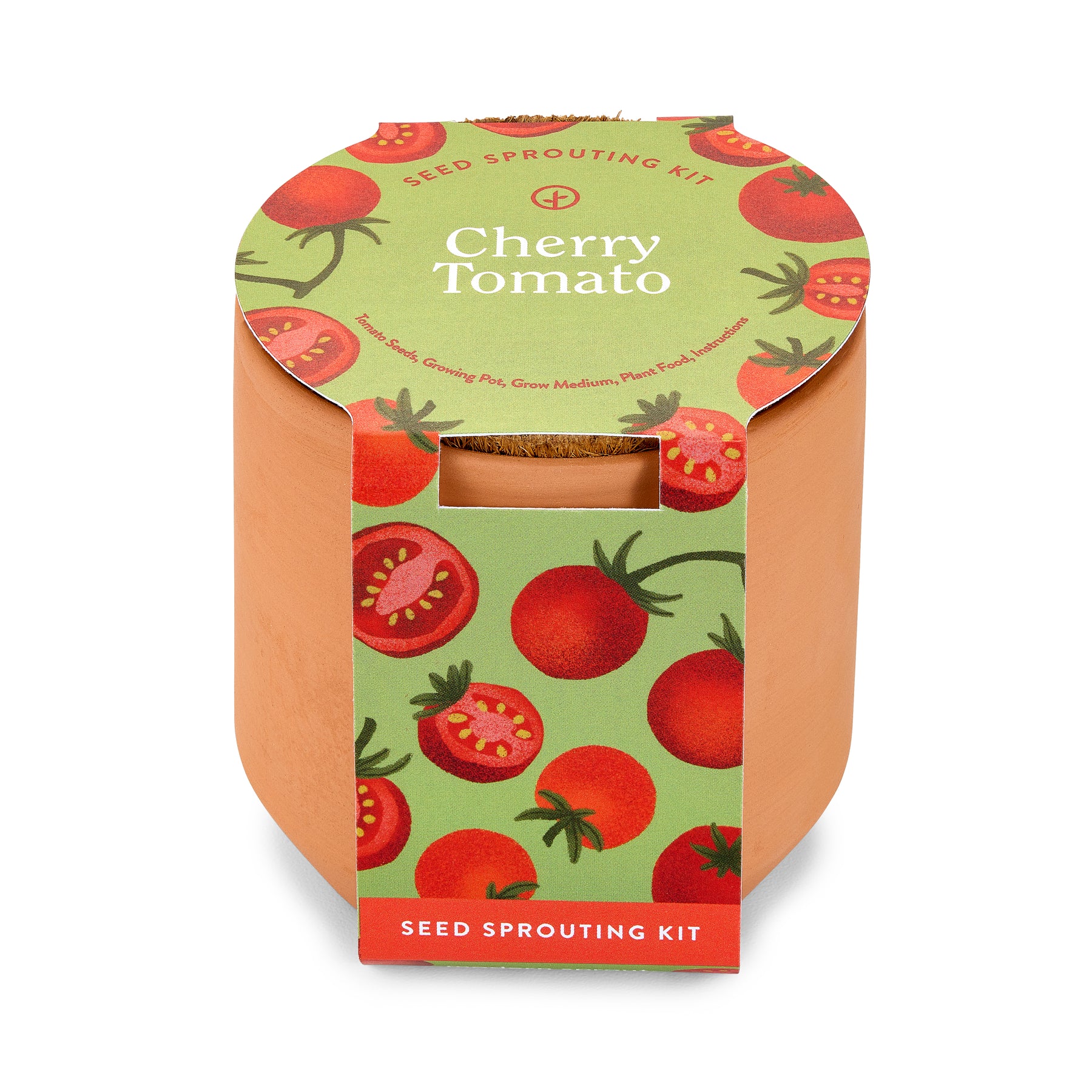 Tiny terracotta garden kit for cherry tomatoes featuring a colorful label with tomato illustrations and planting instructions.