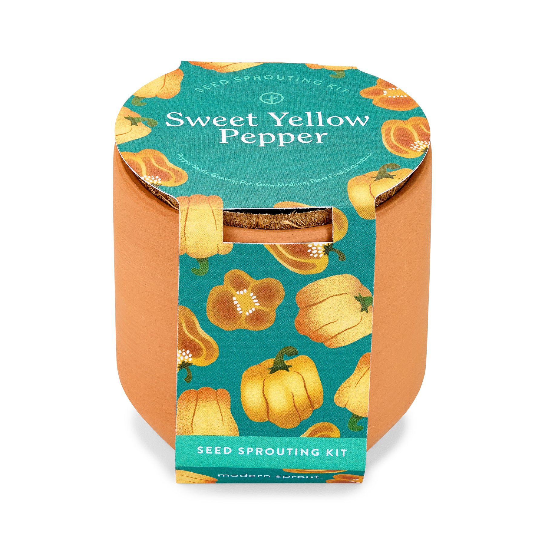 Tiny terracotta garden kit for growing sweet yellow pepper seeds, featuring vibrant packaging with pepper illustrations.